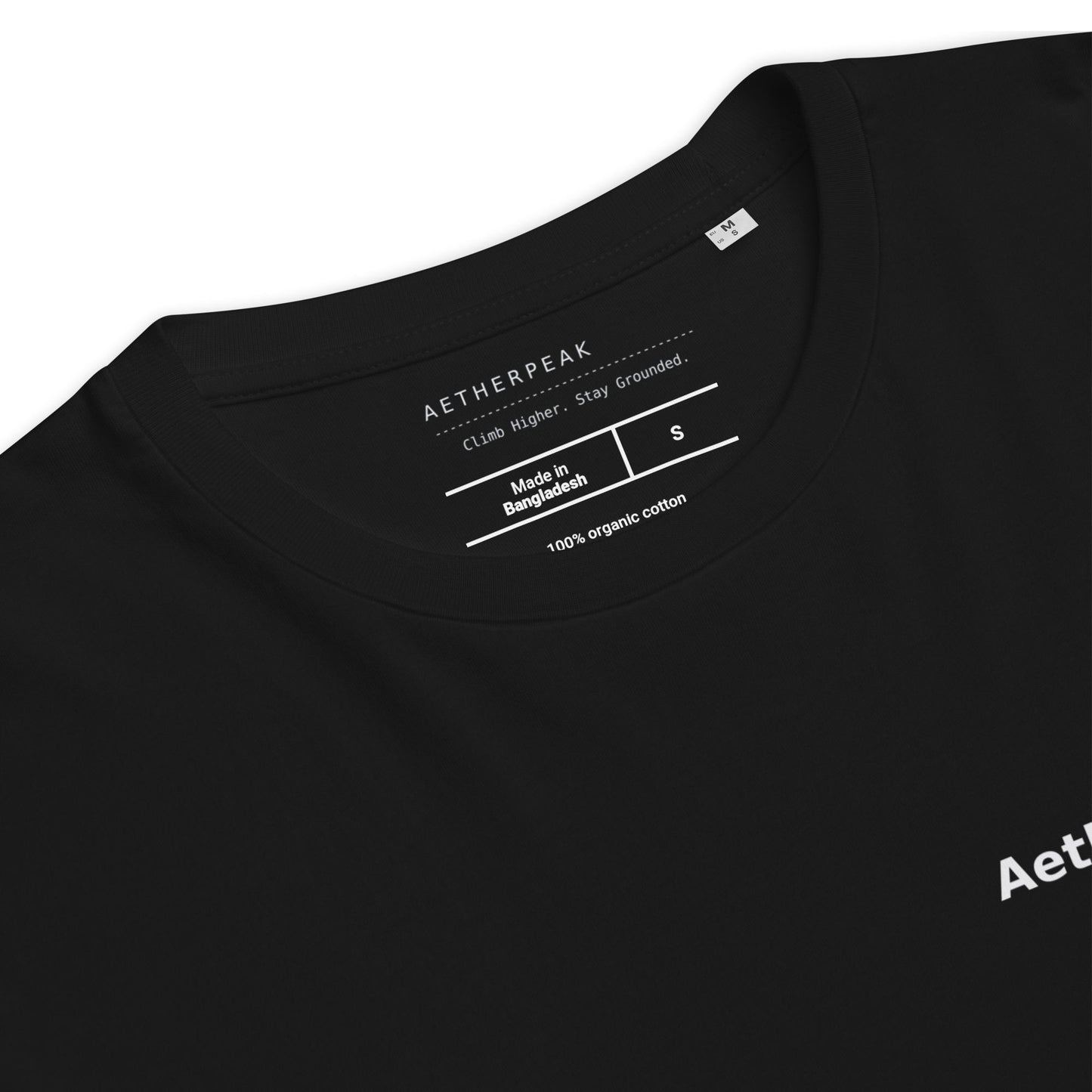 Black t-shirt with Aetherpeak branding and label on a white background