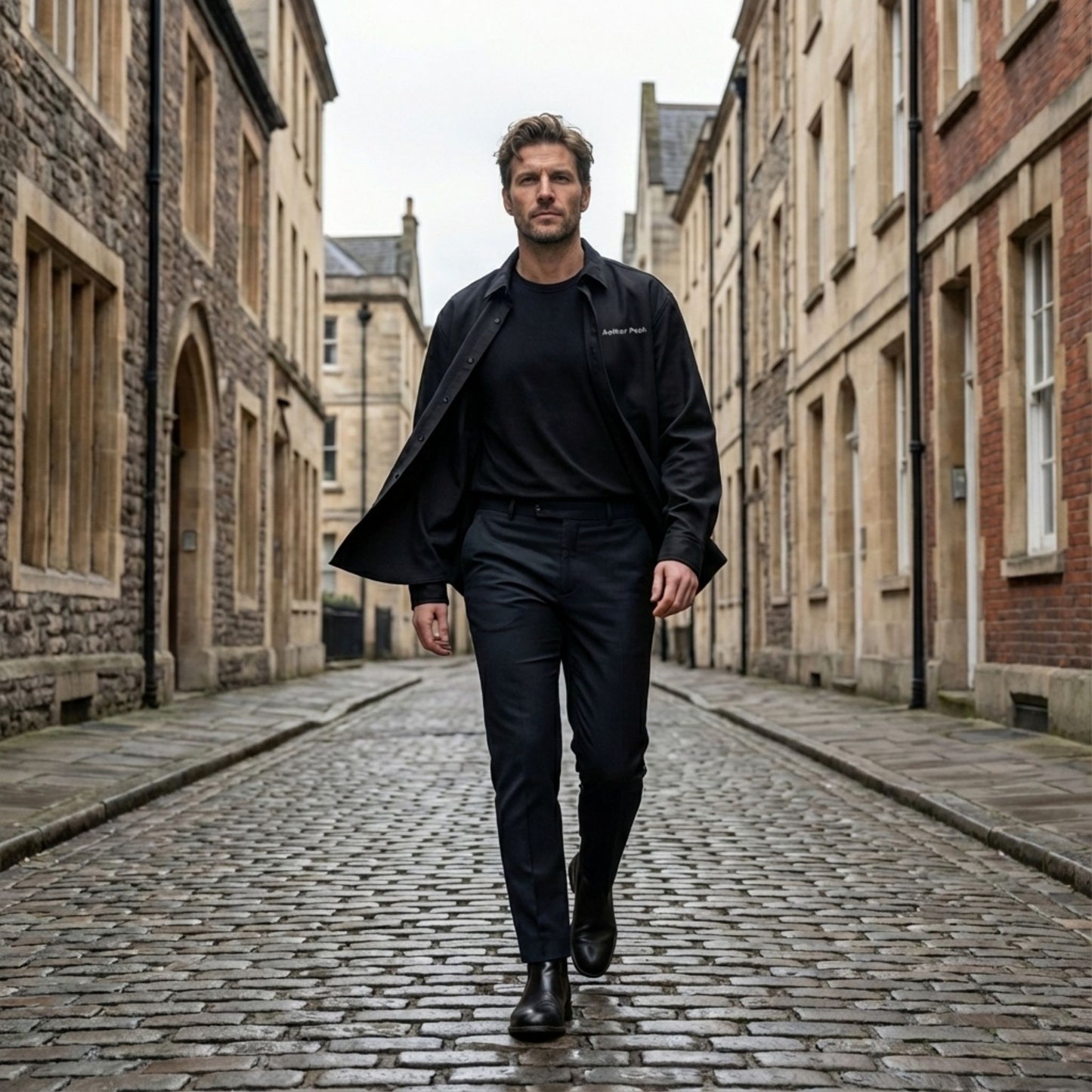 A man walking down a cobbled street wearing a black Aether Peak organic cotton twill overshirt layered over a dark t-shirt in a historic city setting.