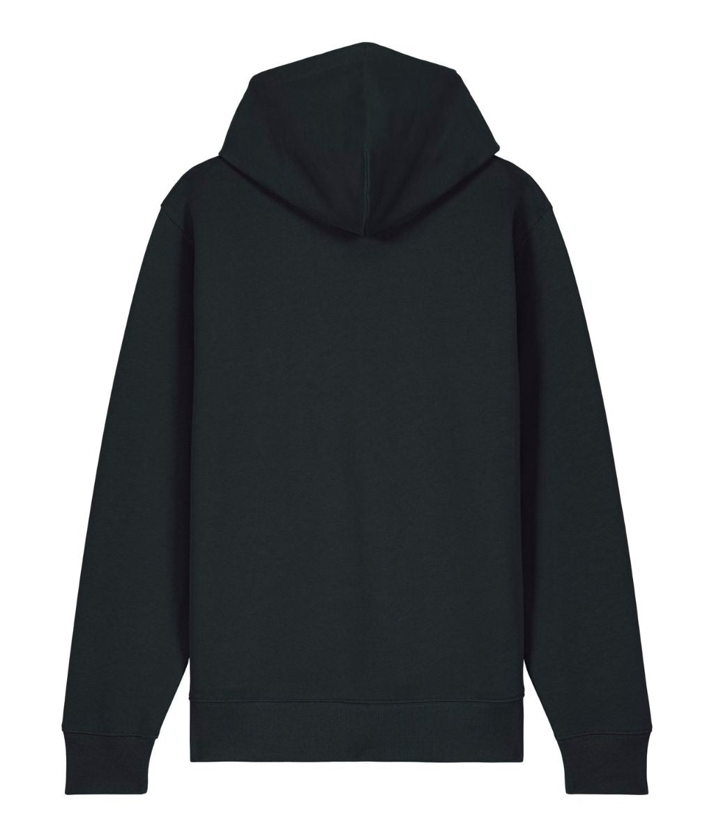Black organic cotton hoodie shown from the back on a white background