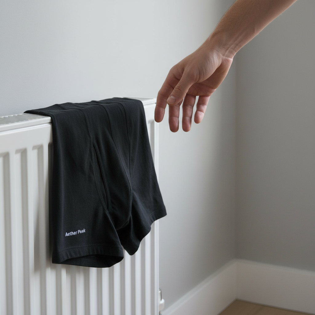 Black Aether Peak organic cotton boxers draped over a radiator with a hand reaching out, against a plain wall.