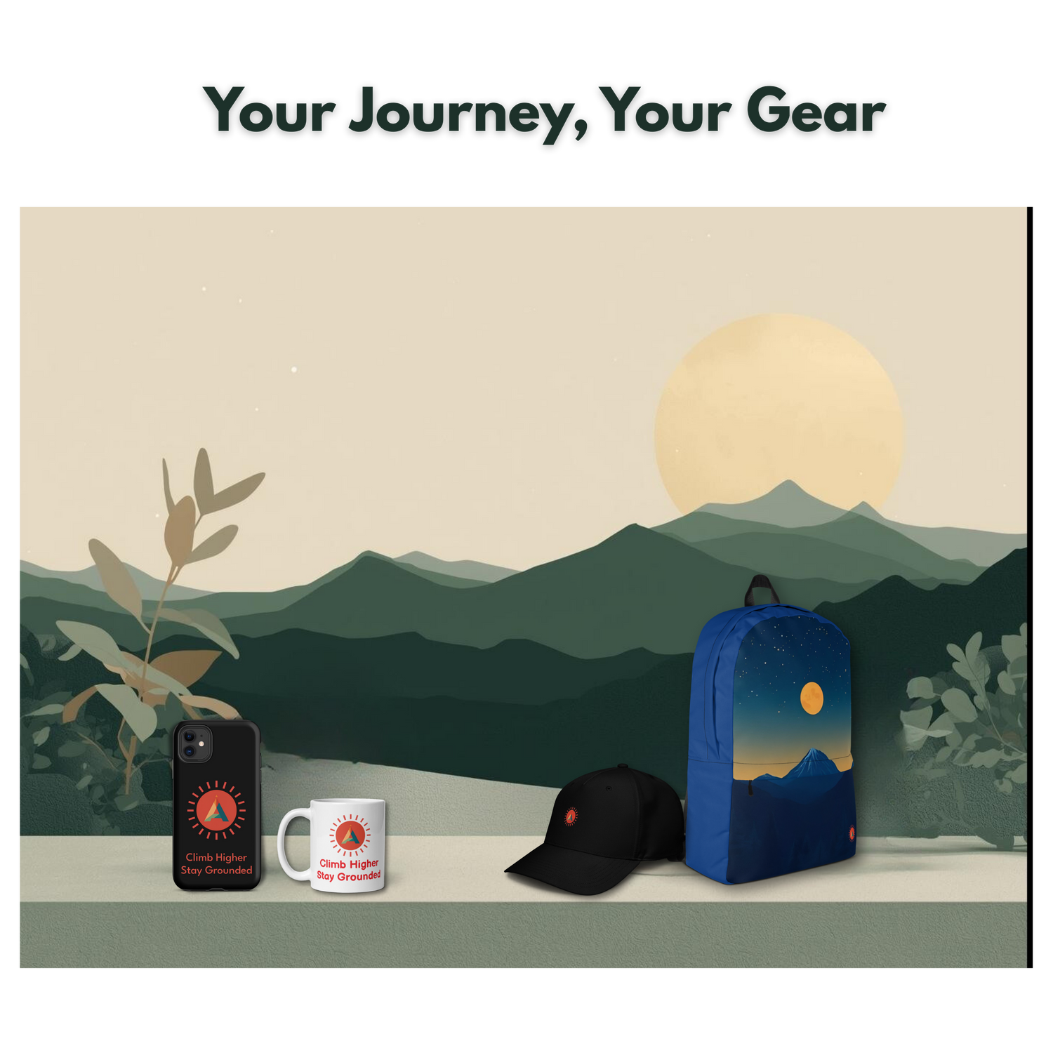 Aether Peak Lifestyle & Accessories collection banner featuring a phone case, ceramic mug, black cap, and blue “Blue Horizon” backpack displayed against a minimalist mountain and sunrise background with the headline “Your Journey, Your Gear”.