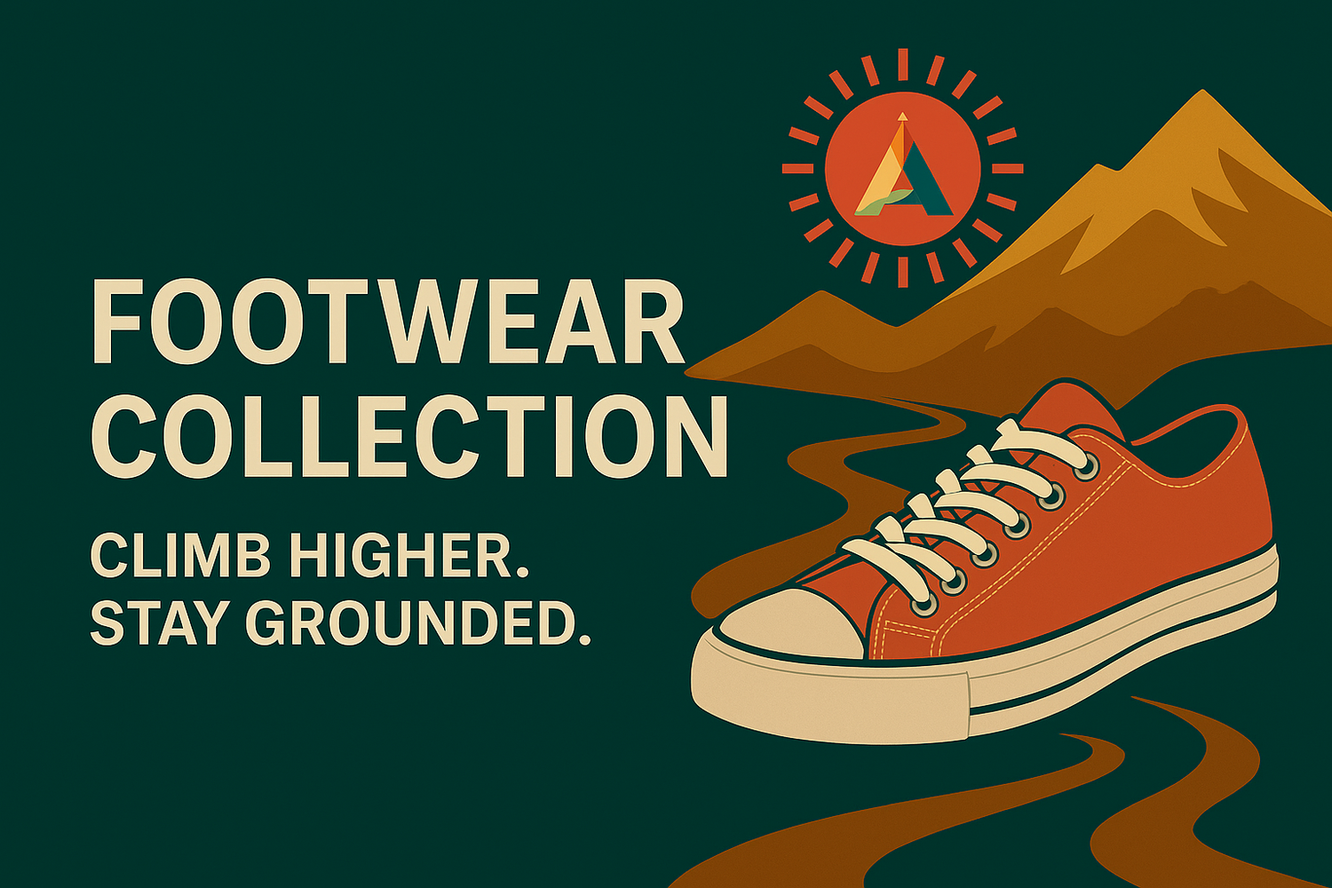 Footwear Collection banner with unisex canvas sneaker, mountain trail graphic, sunrise, and sunburst A logo. Text reads ‘Climb Higher. Stay Grounded