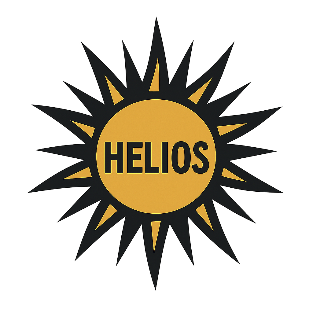 Circular yellow sunburst with the word “HELIOS” in bold black capital letters, representing the Aether Peak Helios Collection.
