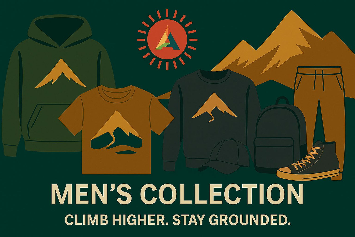 Men’s Collection banner with hoodie, tee, sweatshirt, joggers, bomber jacket, cap, backpack, high-tops, mountain graphic, and sunburst A logo.