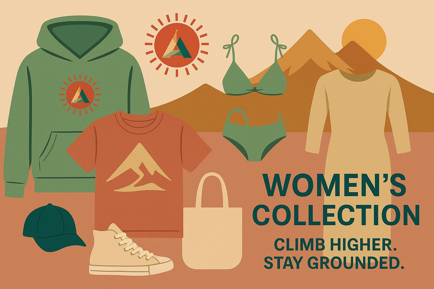 Women’s Collection banner with mixed apparel and accessories, mountain sunrise graphic, and sunburst A logo