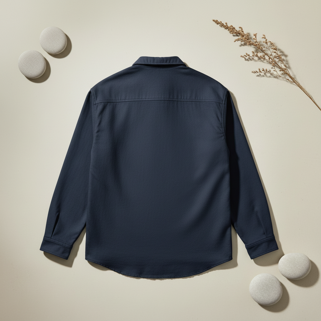 Rear view of a French Navy blue organic cotton shirt on a beige background with decorative elements.