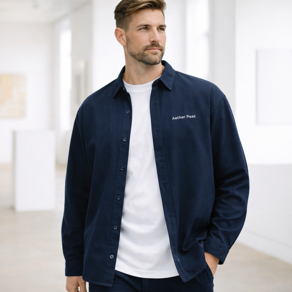 Man wearing a French Navy organic cotton twill overshirt with 'Aether Peak' logo in a bright room.