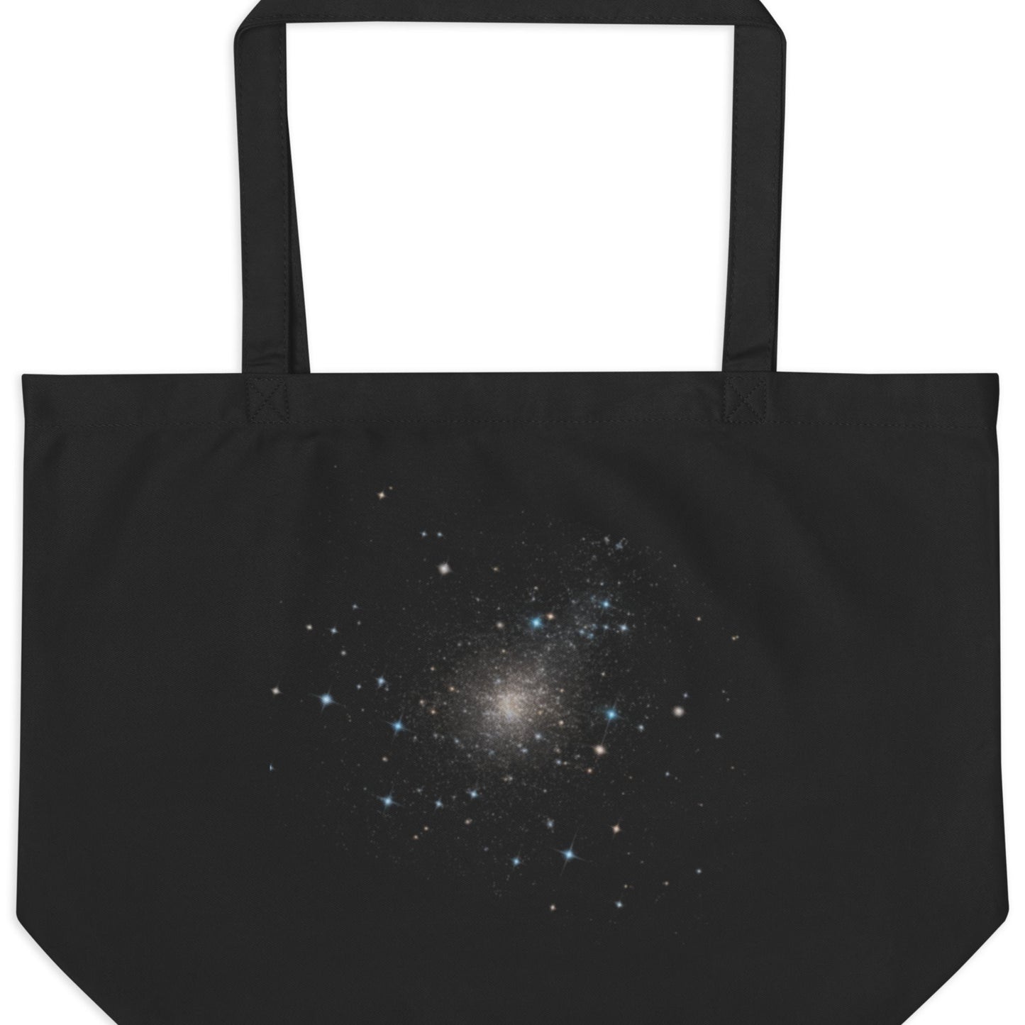 Black tote bag with a starry night sky design featuring a cluster of stars.