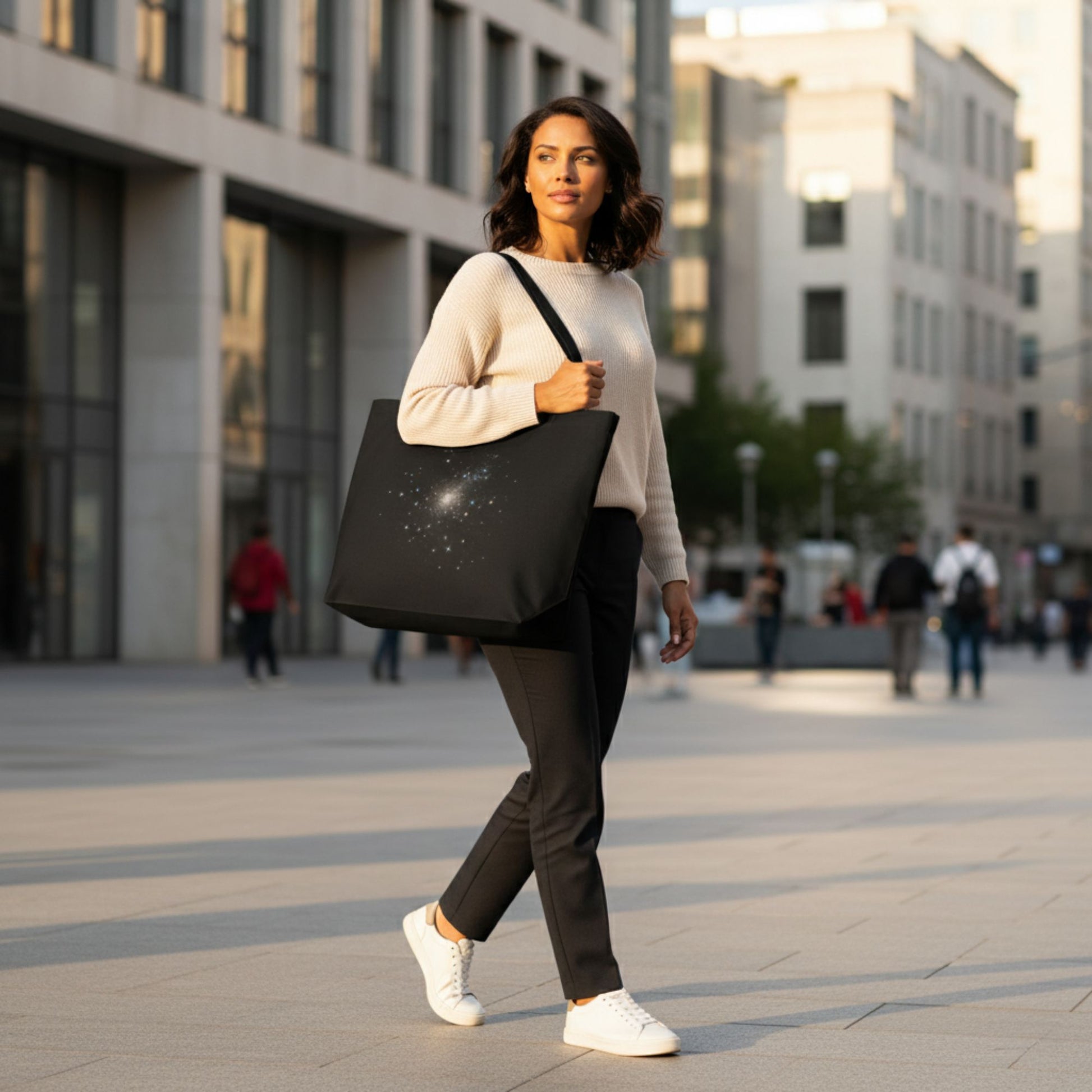 A woman walking on a city street holding a black starry sky tote bag