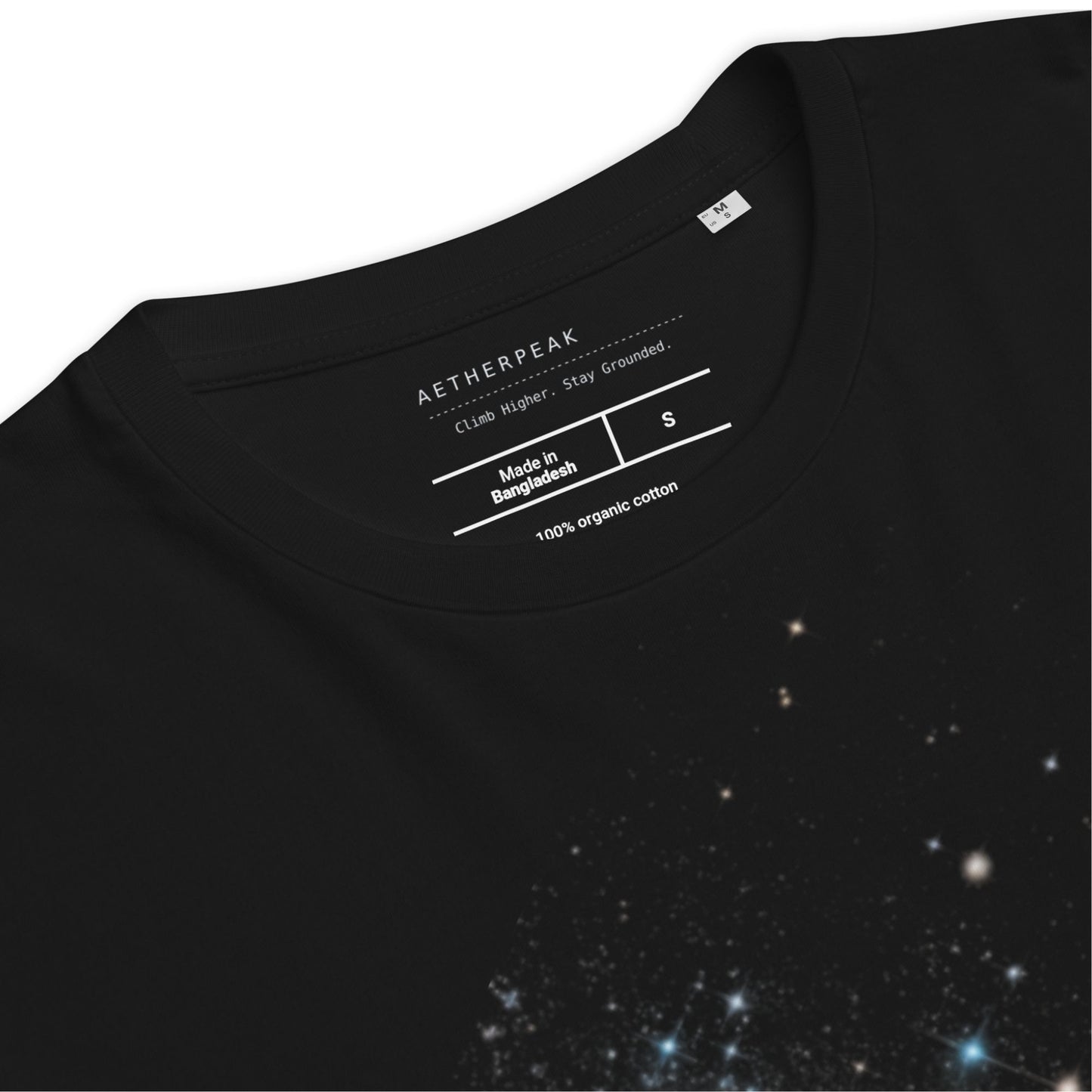 Black t-shirt with starry sky design and Aetherpeak label