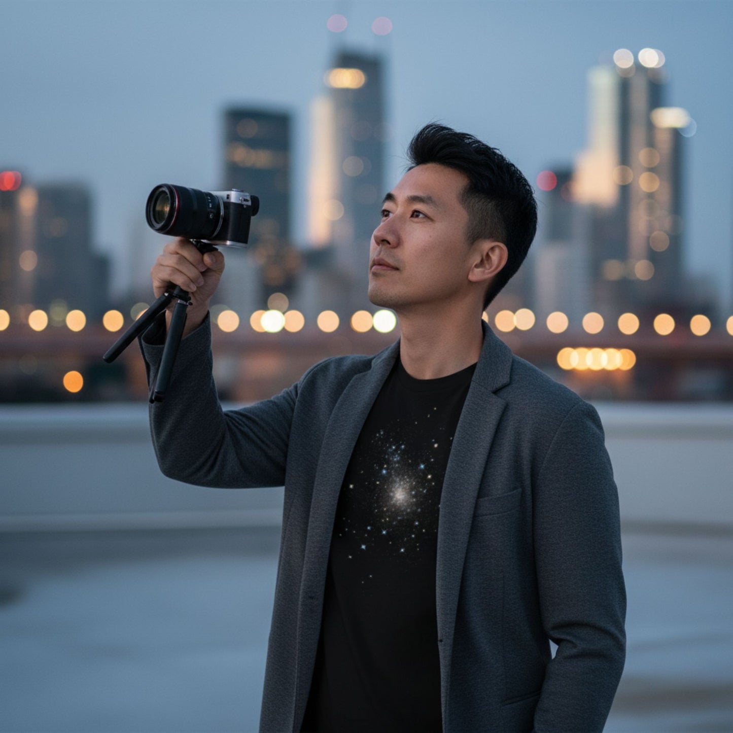 A man holding a camera wearing a black tee with a starry sky design with city skyline in the background