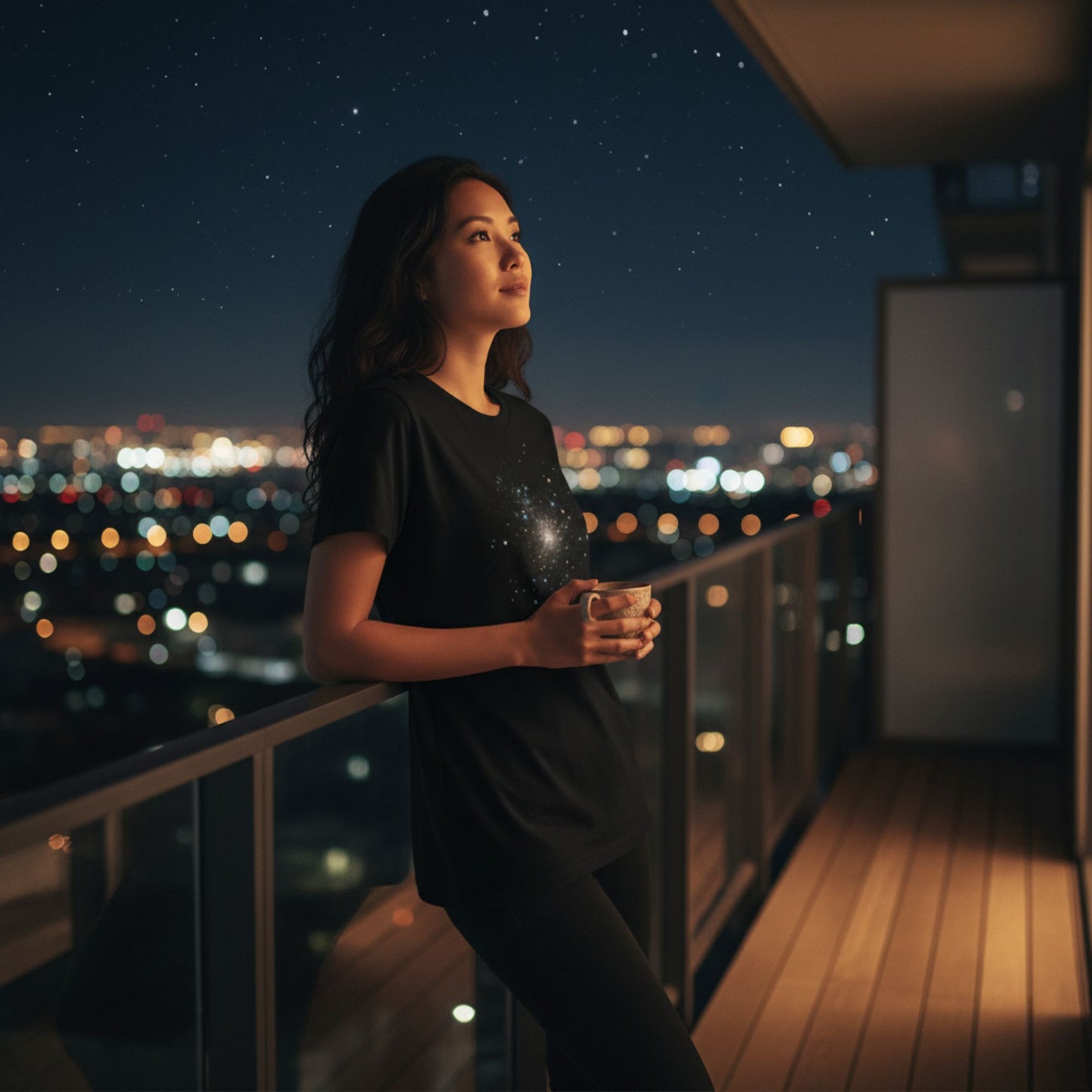 A woman wearing the black starry sky t-shirt while standing on a balcony at night, looking out over city lights