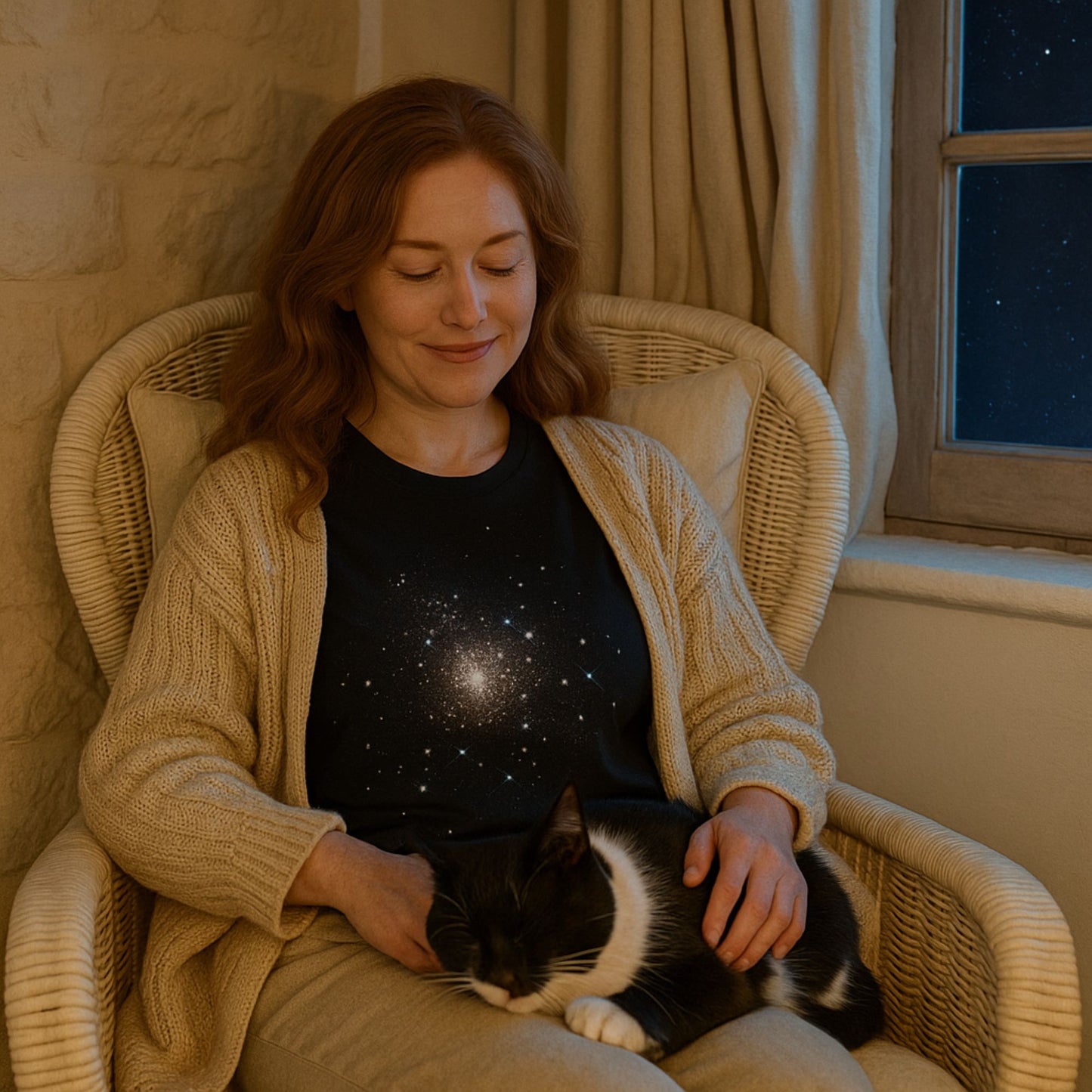 A woman relaxing in a chair with a cat, wearing a black Aether Peak Starry Sky tee.