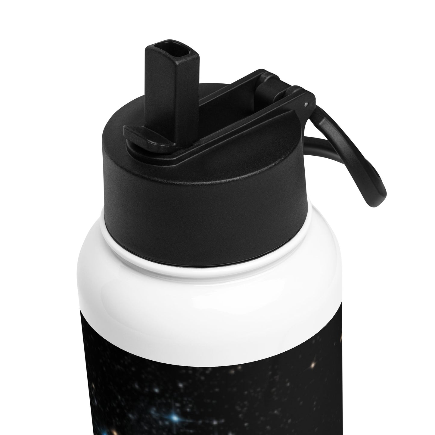 Black and white water bottle with a black lid on a white background