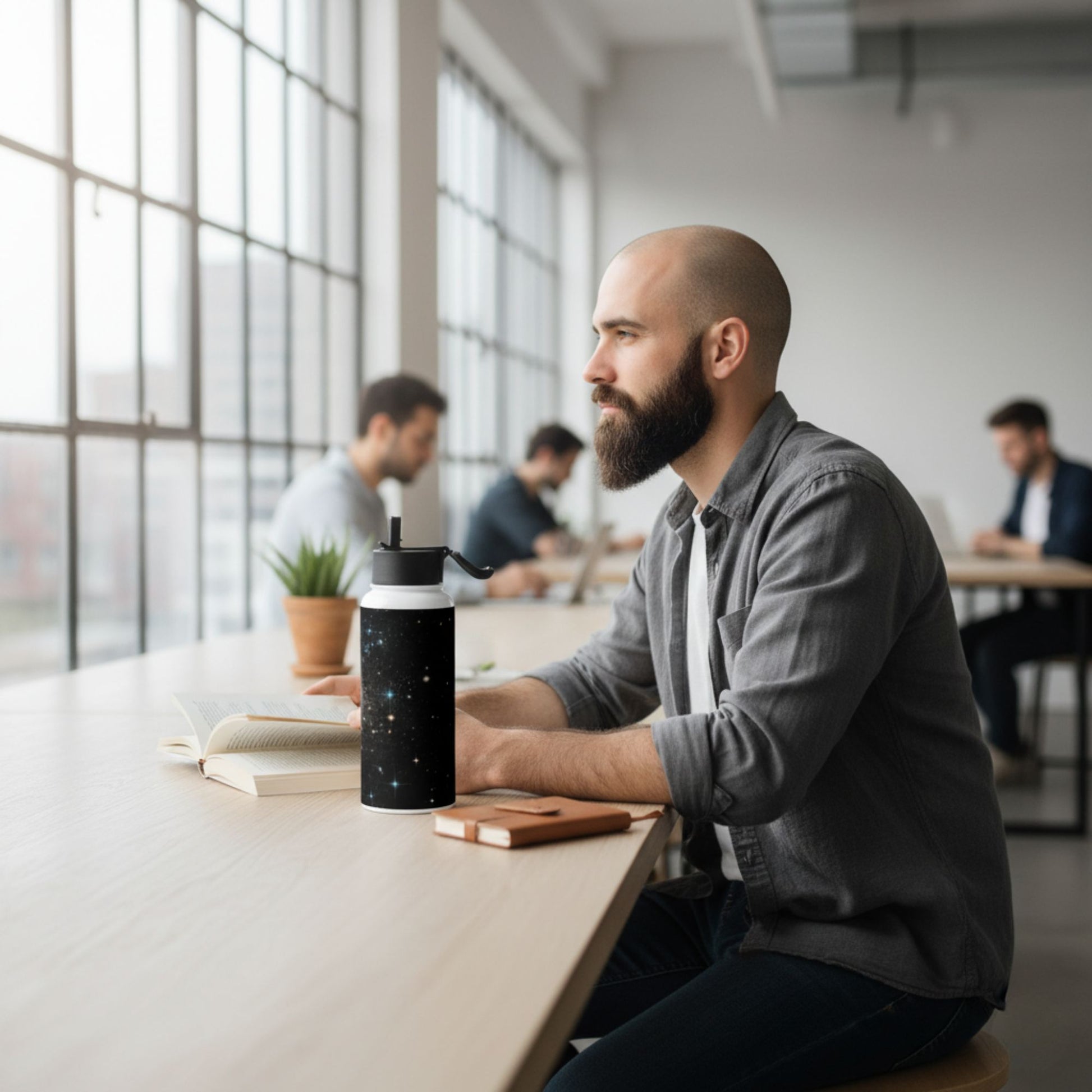 Man sitting at a desk in an office with a water bottle on the table