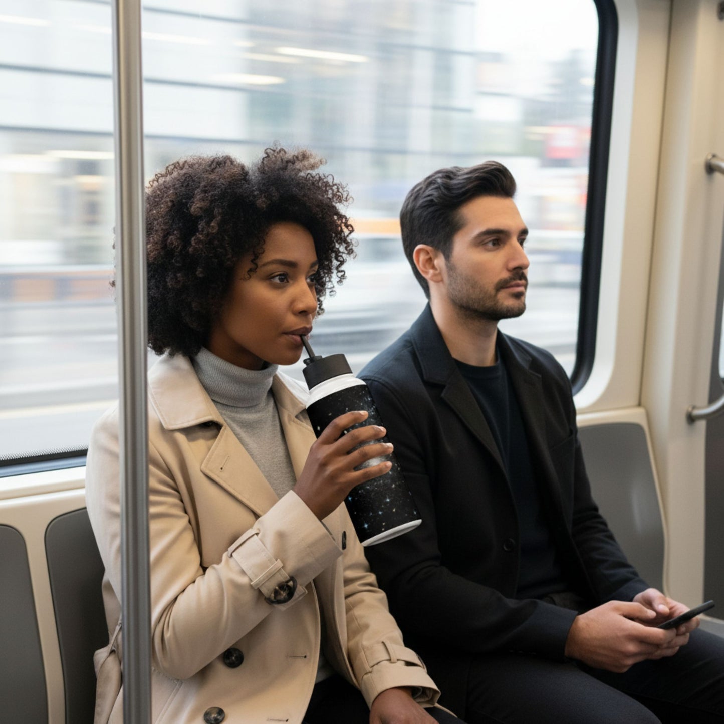 Two people are sitting on a train, one holding a starry sky stainless steel water bottle.