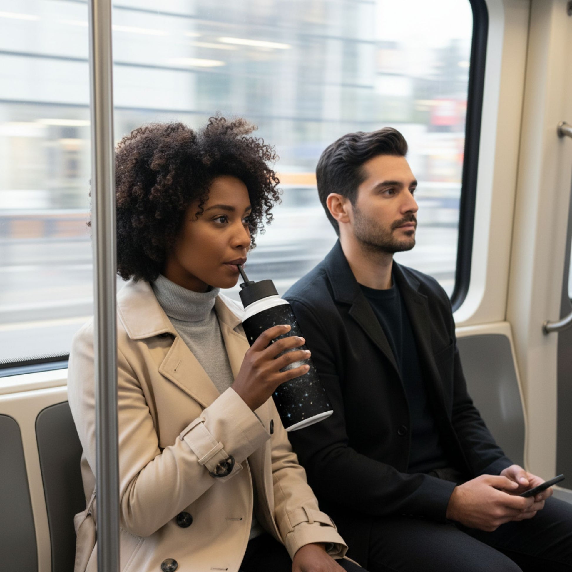 Two people are sitting on a train, one holding a starry sky stainless steel water bottle.