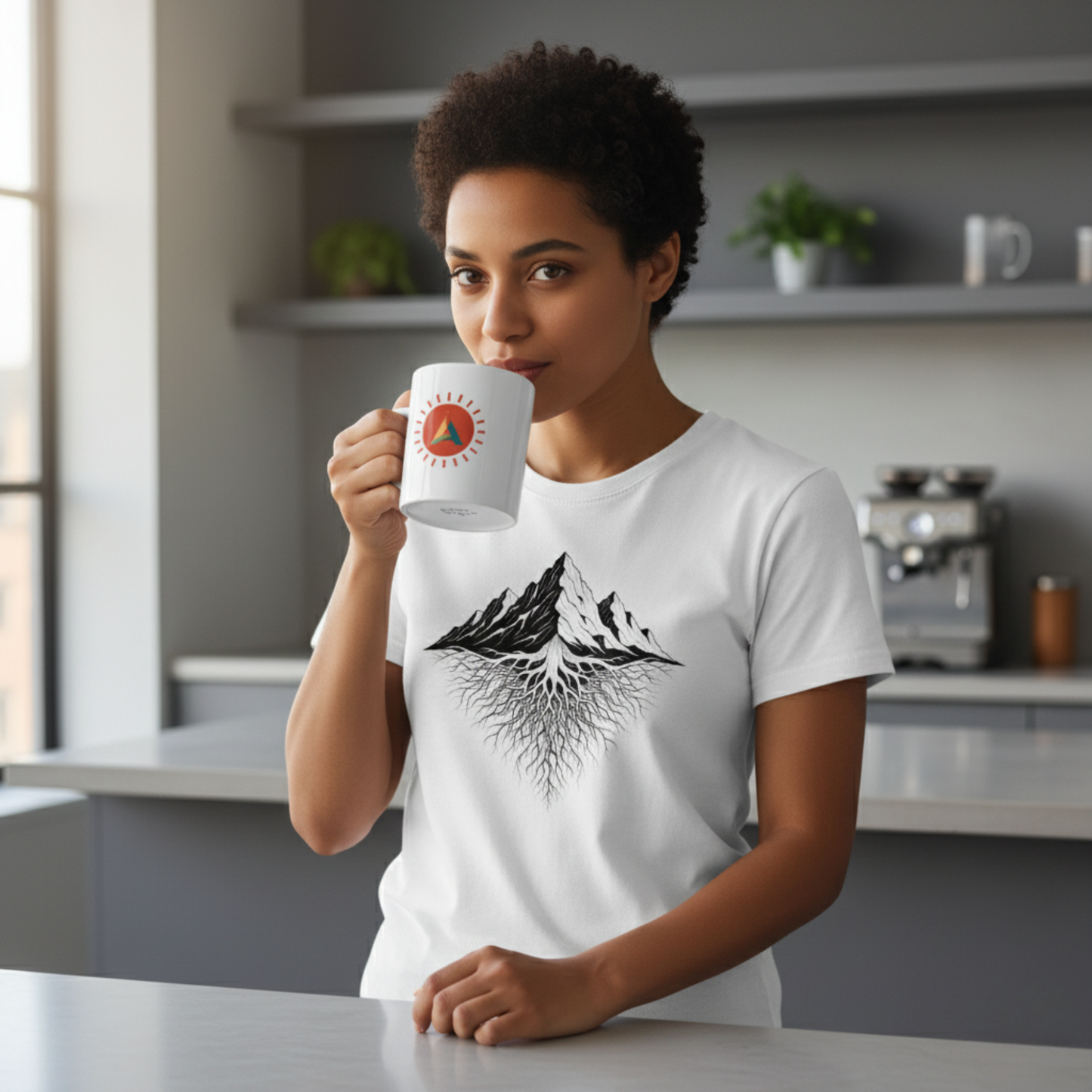A woman in a modern kitchen wearing a white Aether Peak mountain-roots tee and drinking from a white mug with the red sunburst logo.