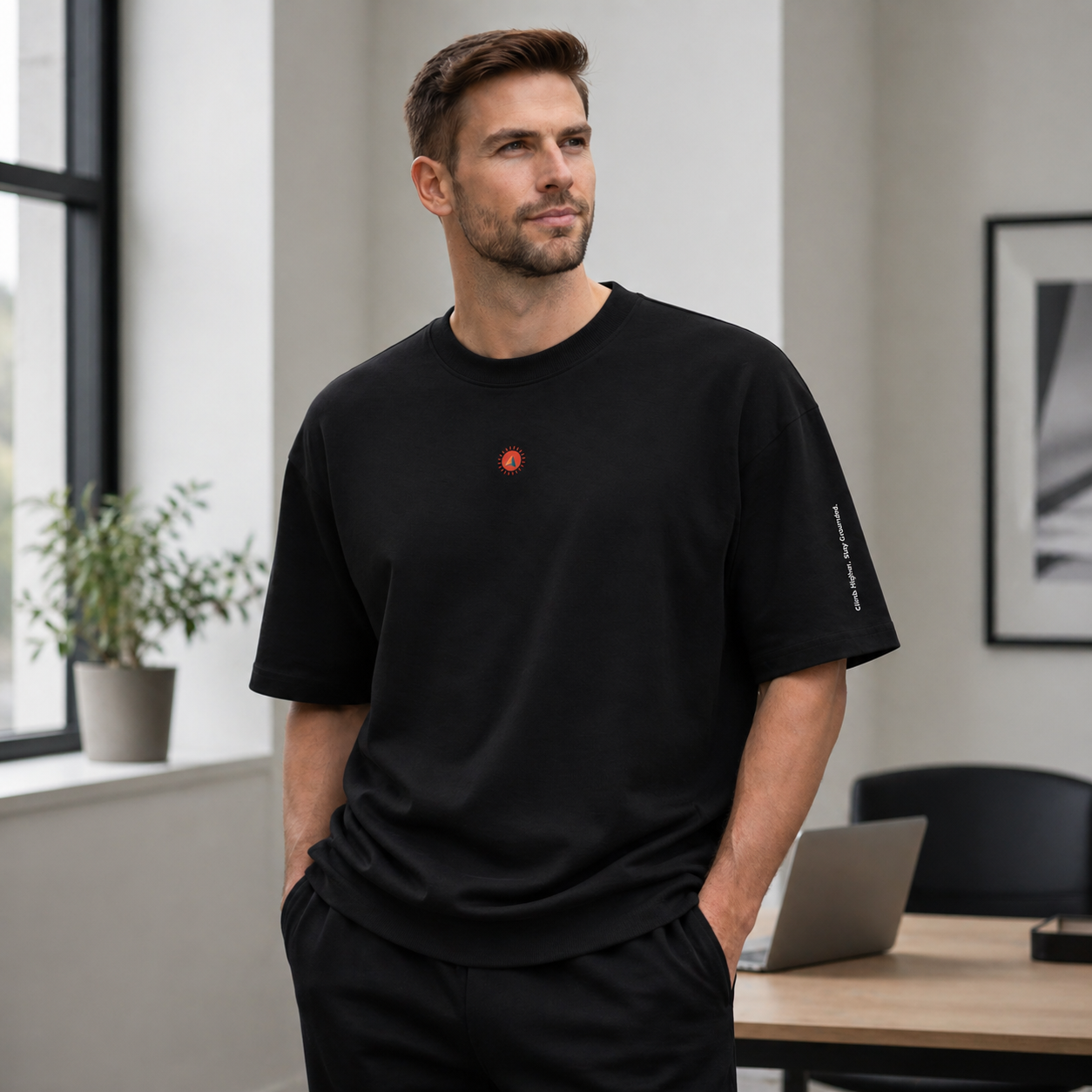A male model wearing the black Aether Peak oversized organic cotton t-shirt with a small Sunburst on the chest and "Climb Higher.  Stay Grounded" printed on the left sleeve.  Standing in an office.