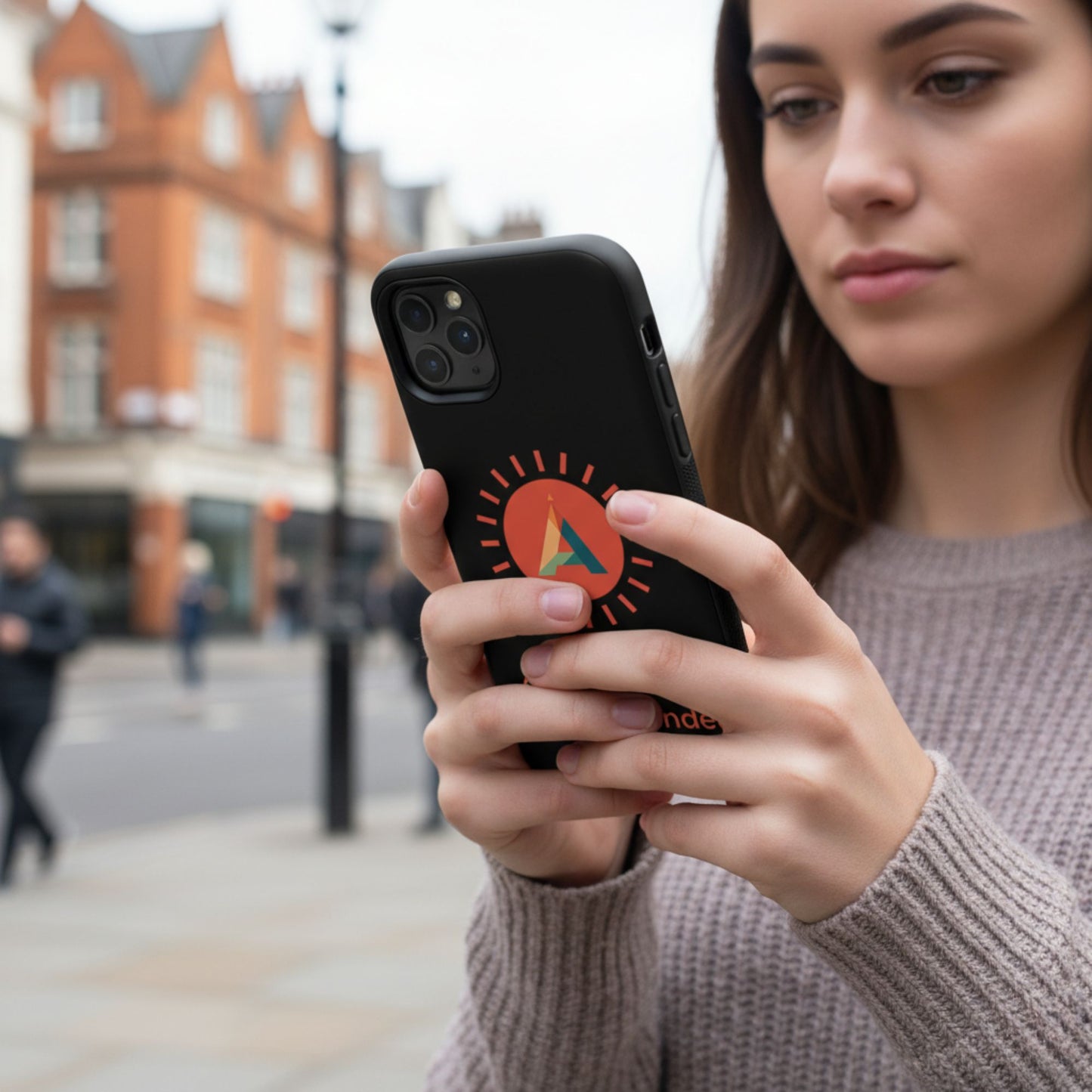 A woman holding a phone with an Aether Peak Sunburst case in an urban setting