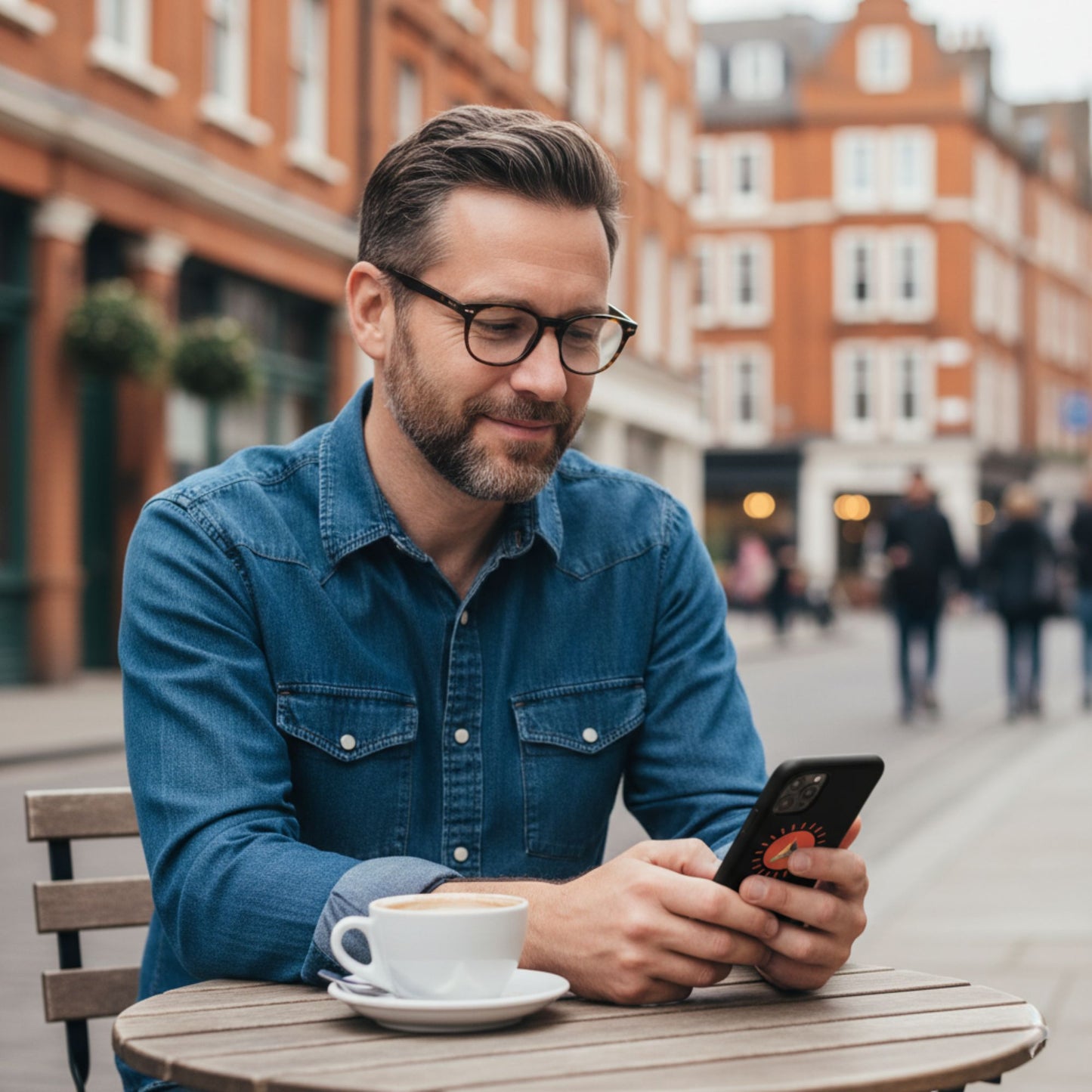 A man sitting at a table outdoors, using a smartphone with an Aether Peak Sunburst logo with a city street background