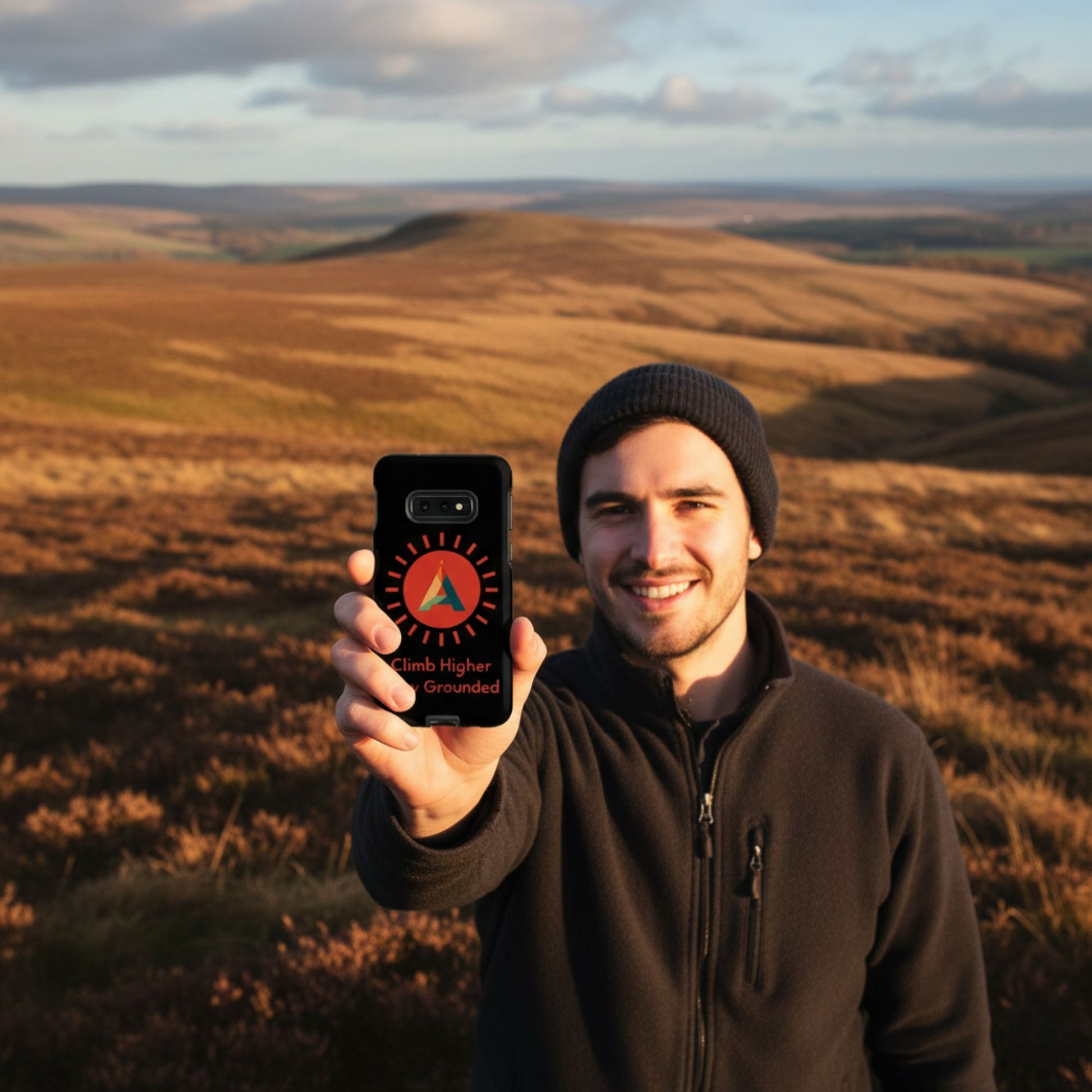 Man holding a phone with an Aether Peak Suburst logo  case with a scenic landscape in the background