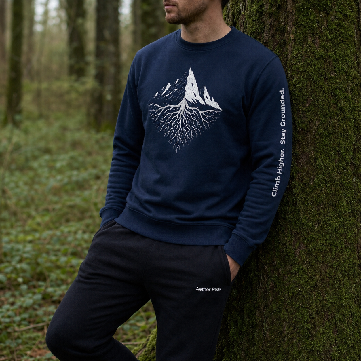 A man wearing a French navy Aether Peak Roots sweatshirt, leaning against a moss-covered tree in a quiet forest.