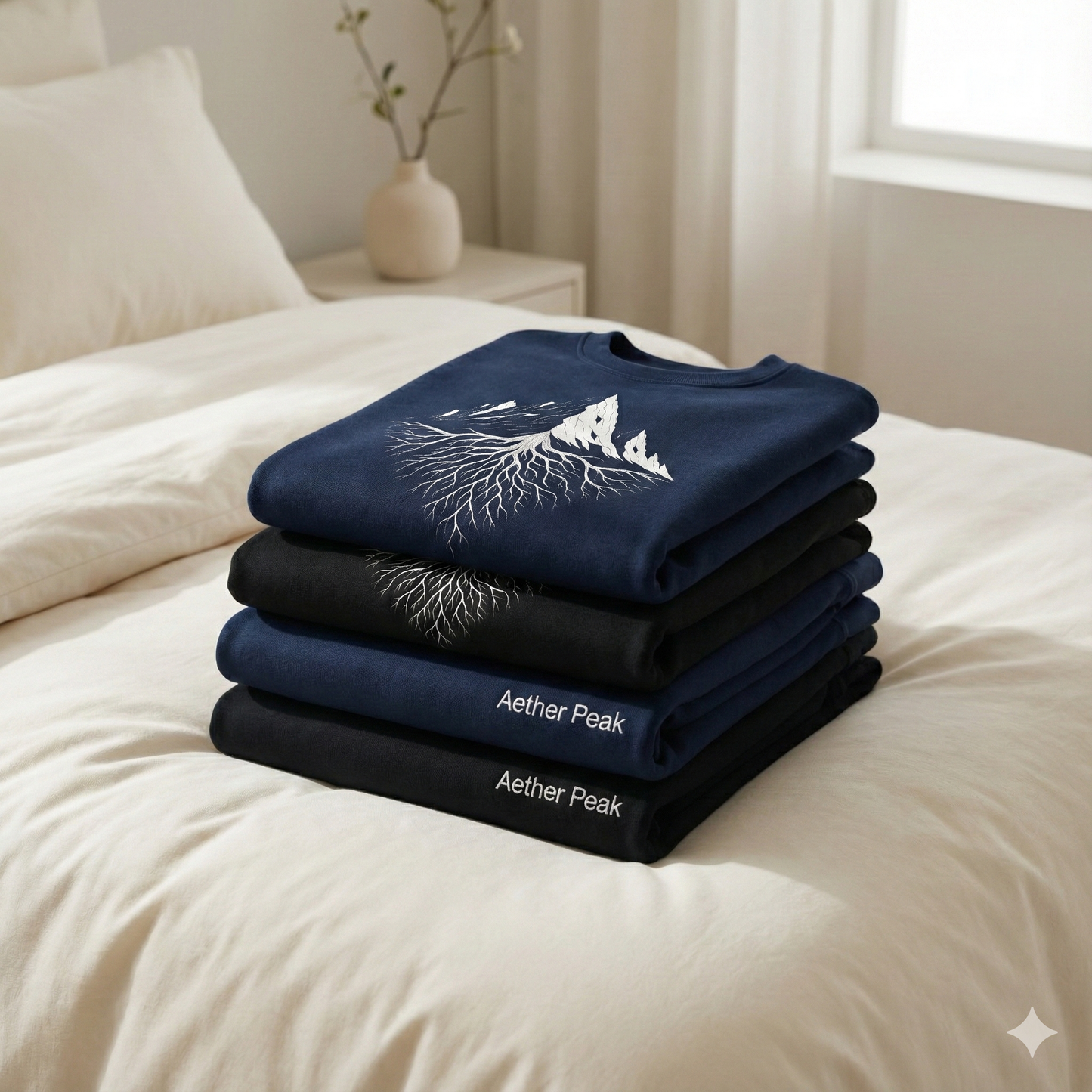Neatly stacked French navy and black Aether Peak Roots sweatshirts folded on a cream bed in a bright, minimal bedroom.

