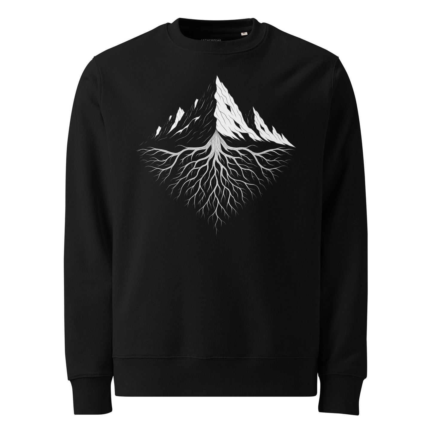 Black Aether Peak Organic cotton sweatshirt with white mountain and root design on a white background