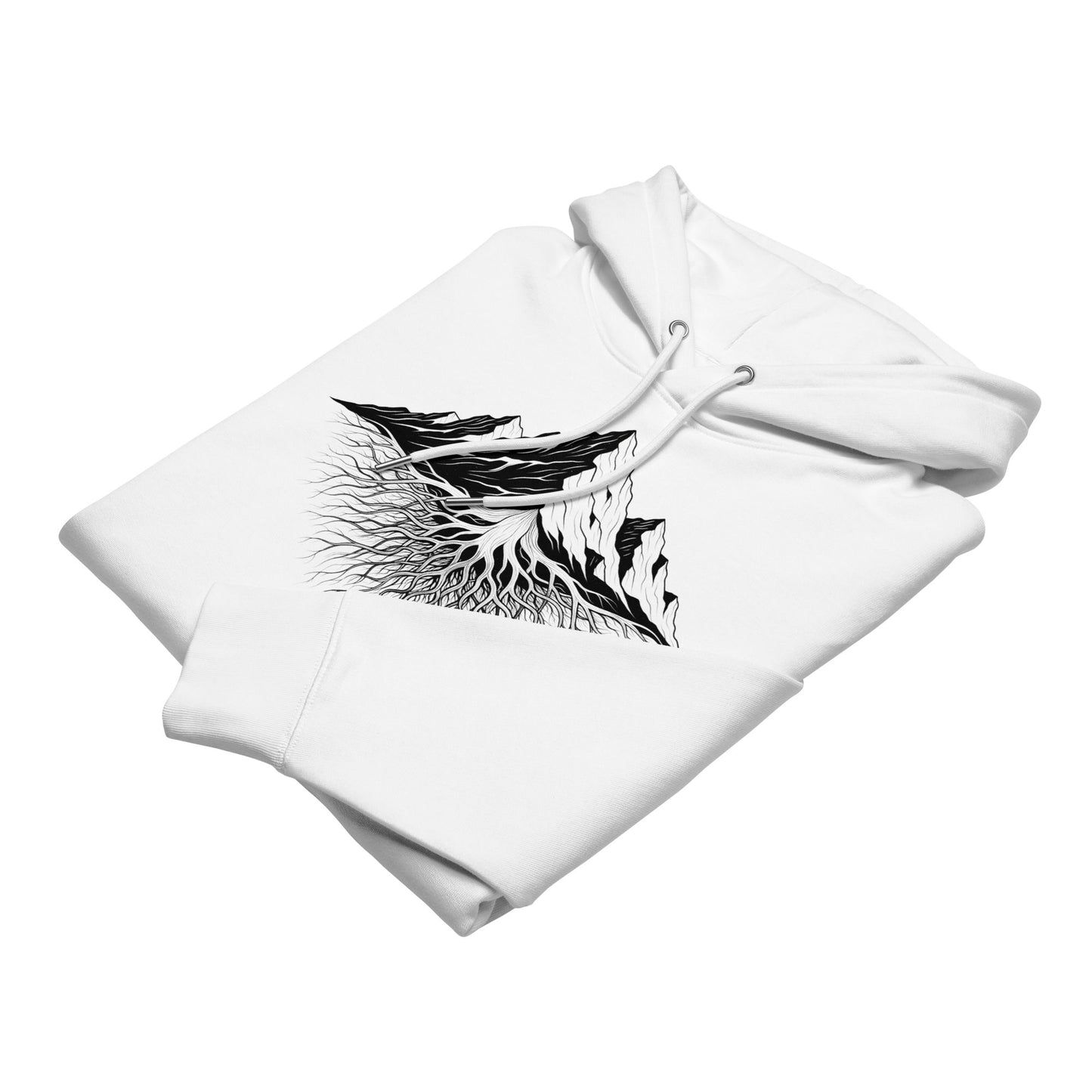 Folded white hoodie with the Aether Peak mountain roots design on a white background
