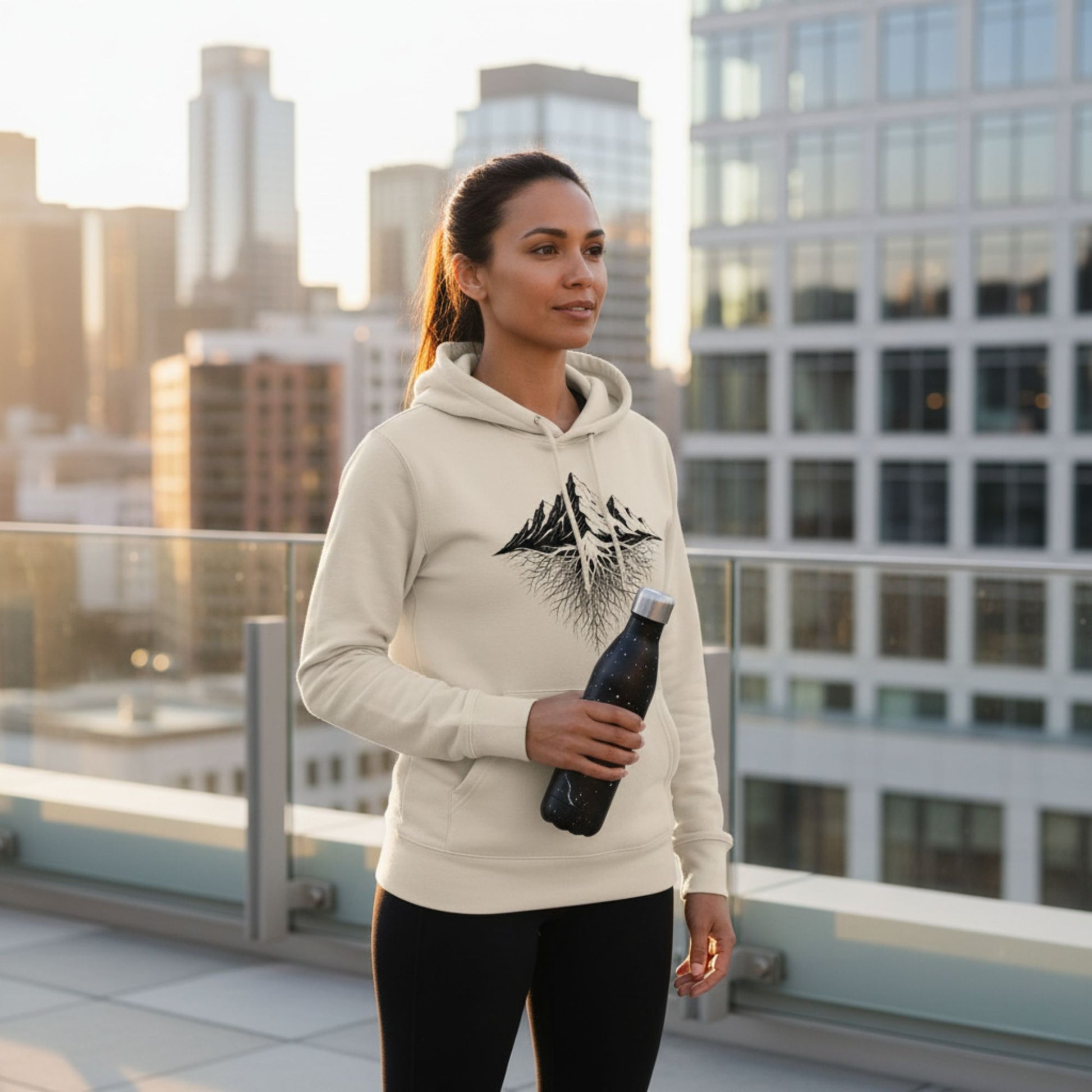 A Woman in a Desert Dust hoodie with a mountain design, holding a bottle, on a rooftop with a cityscape background