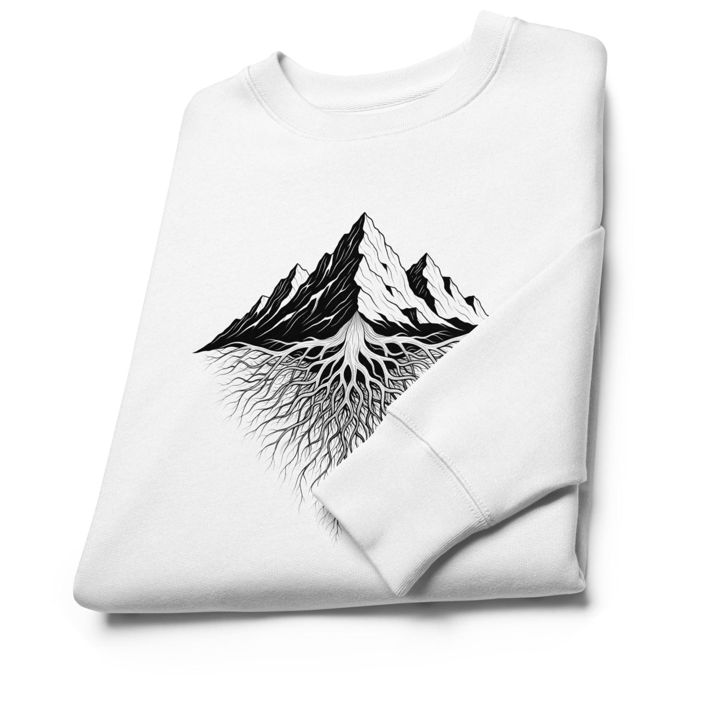 Folded white sweatshirt with black Mountain Roots design on a white background