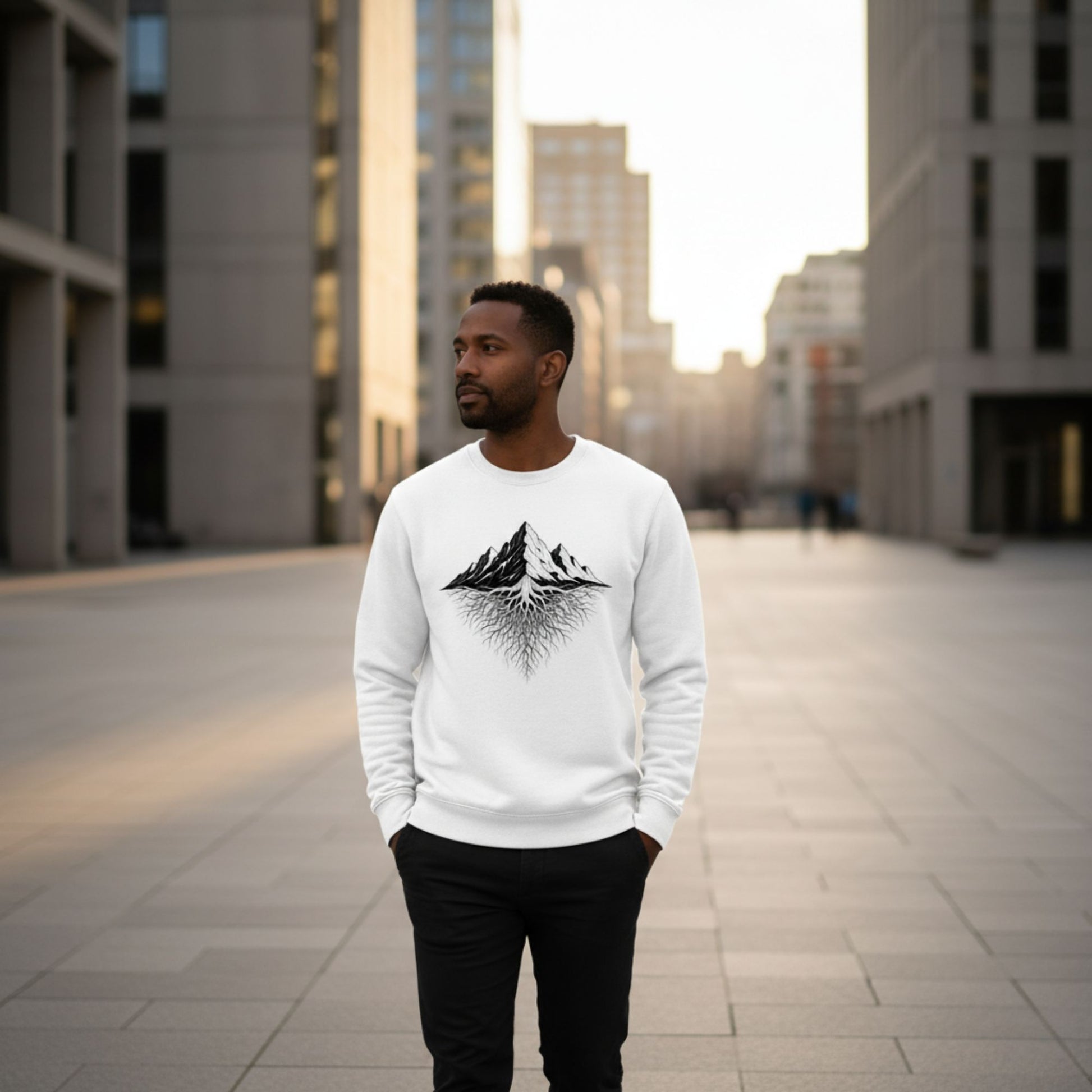 Man wearing white Aether Peak Mountain Roots sweatshirt in a city.