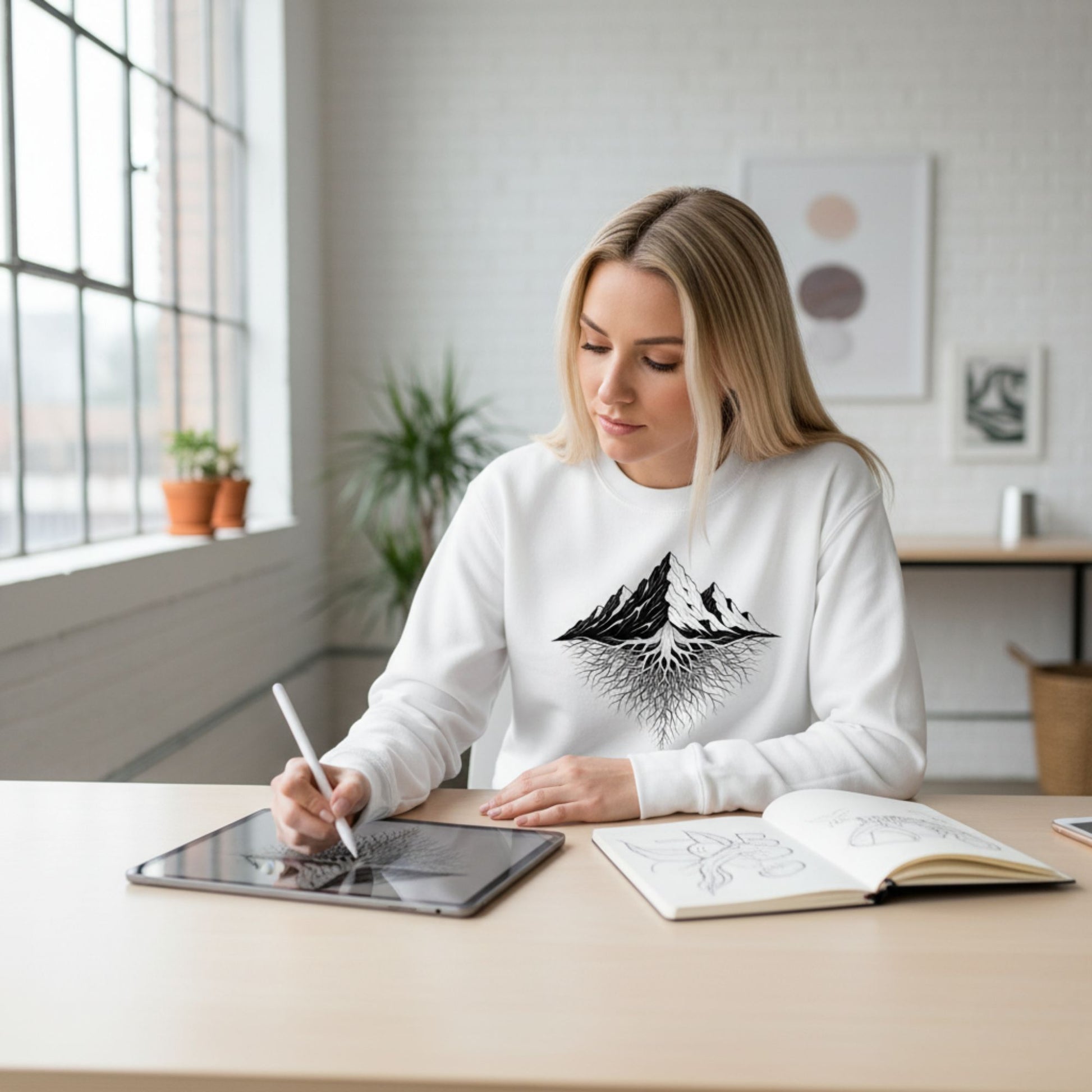 A woman wearing a white sweatshirt with a Mountain Roots design, sitting at a desk with a tablet and notebook.