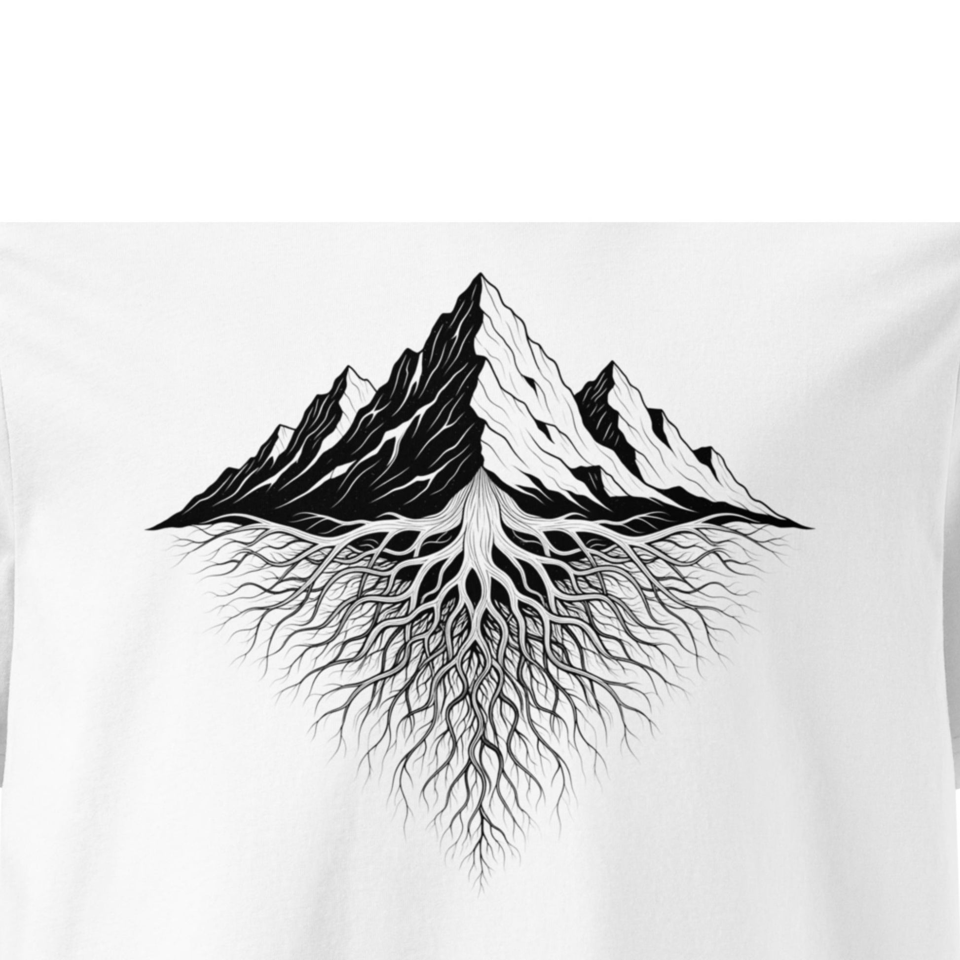 Black mountain and root design on a white t-shirt