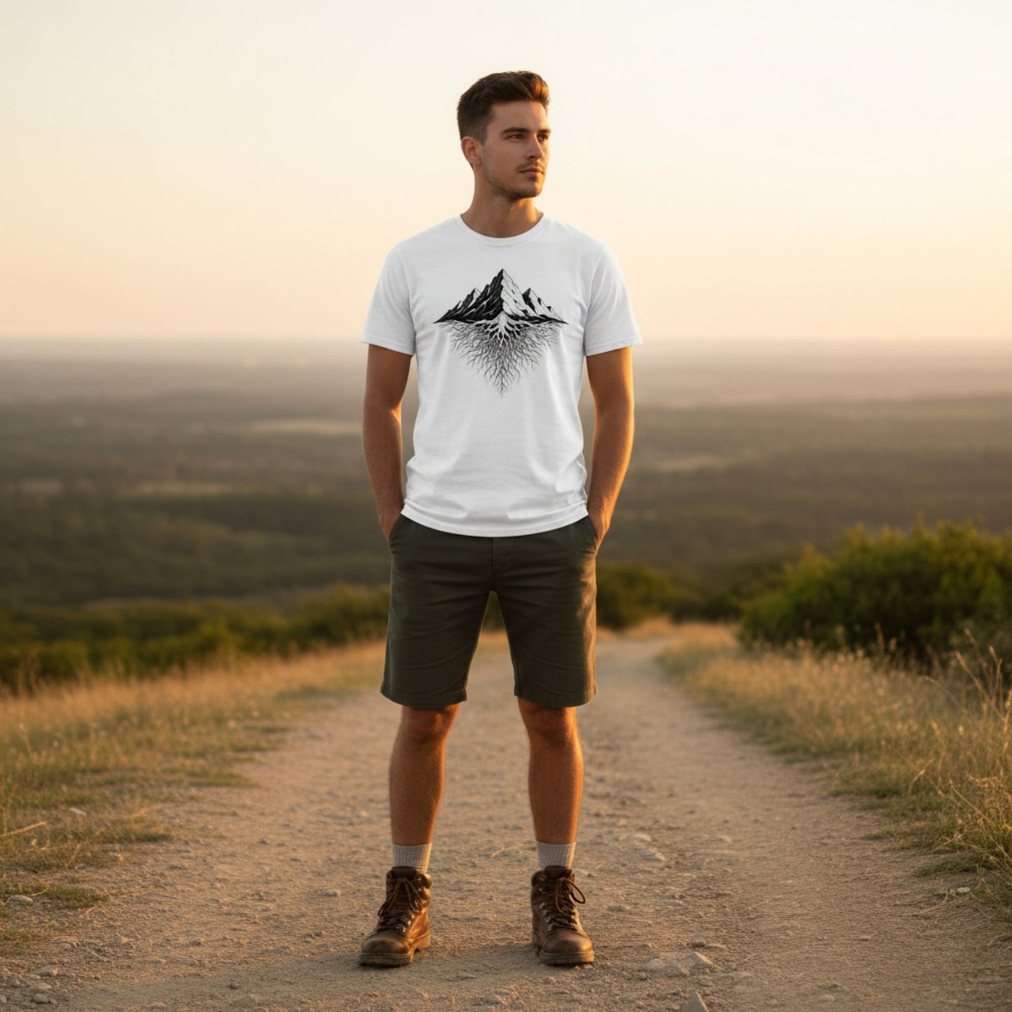 A man standing on a dirt path wearing a white t-shirt with the Mountain Roots graphic, surrounded by a scenic landscape.