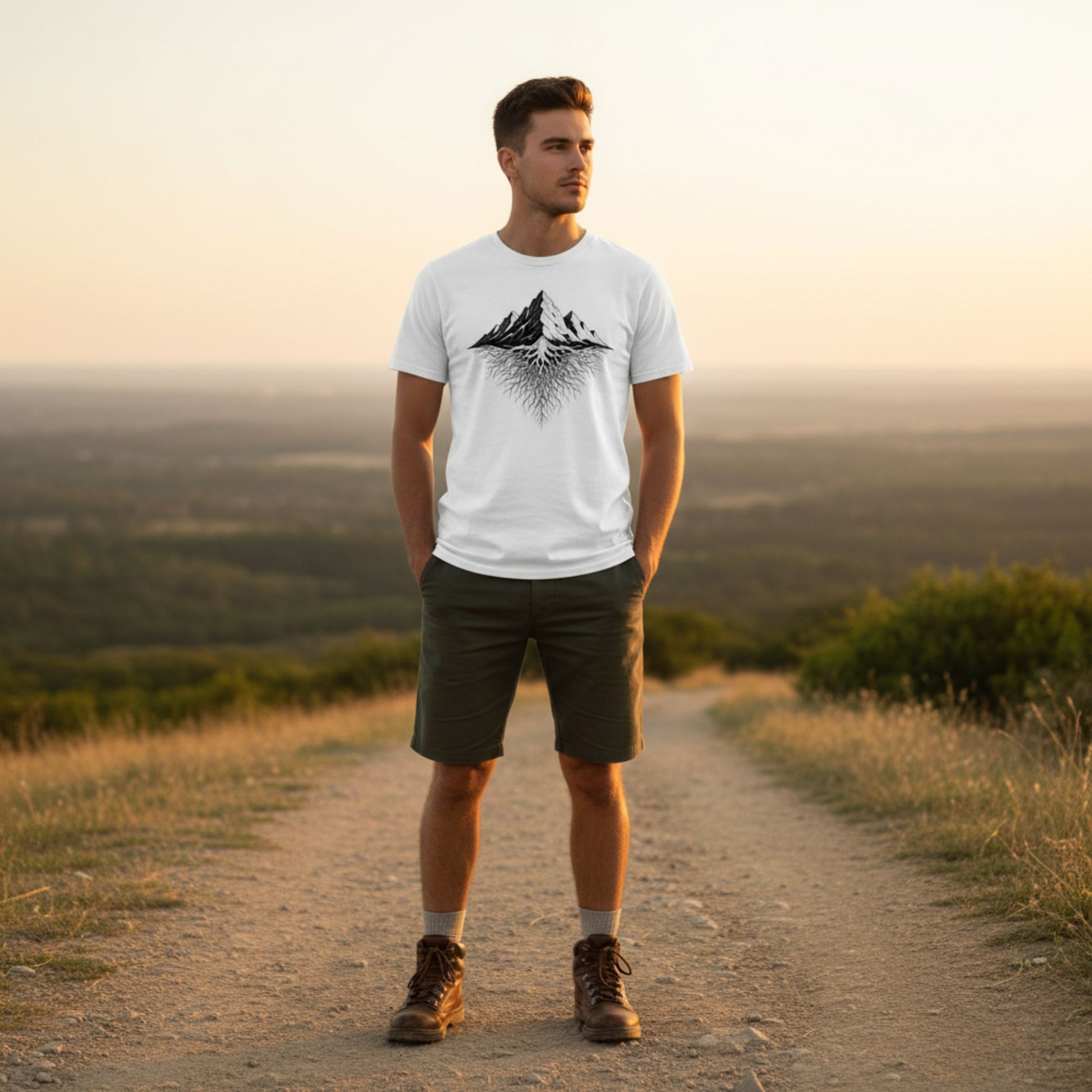 A man standing on a dirt path wearing a white t-shirt with the Mountain Roots graphic, surrounded by a scenic landscape.