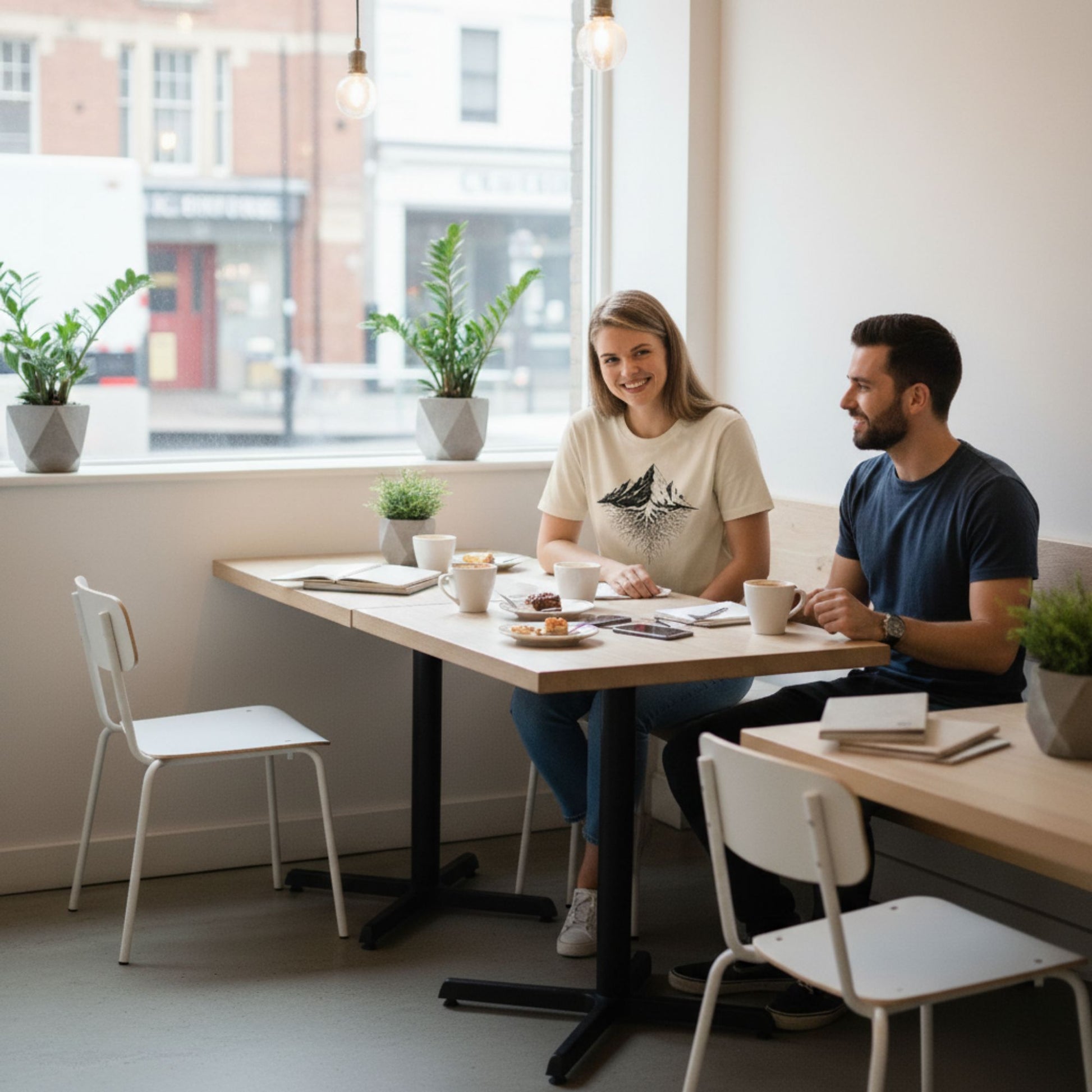 A woman wearing the Desert Dust Aether Peak Roots mountain tee at a café table with a man, coffee, and notebooks.