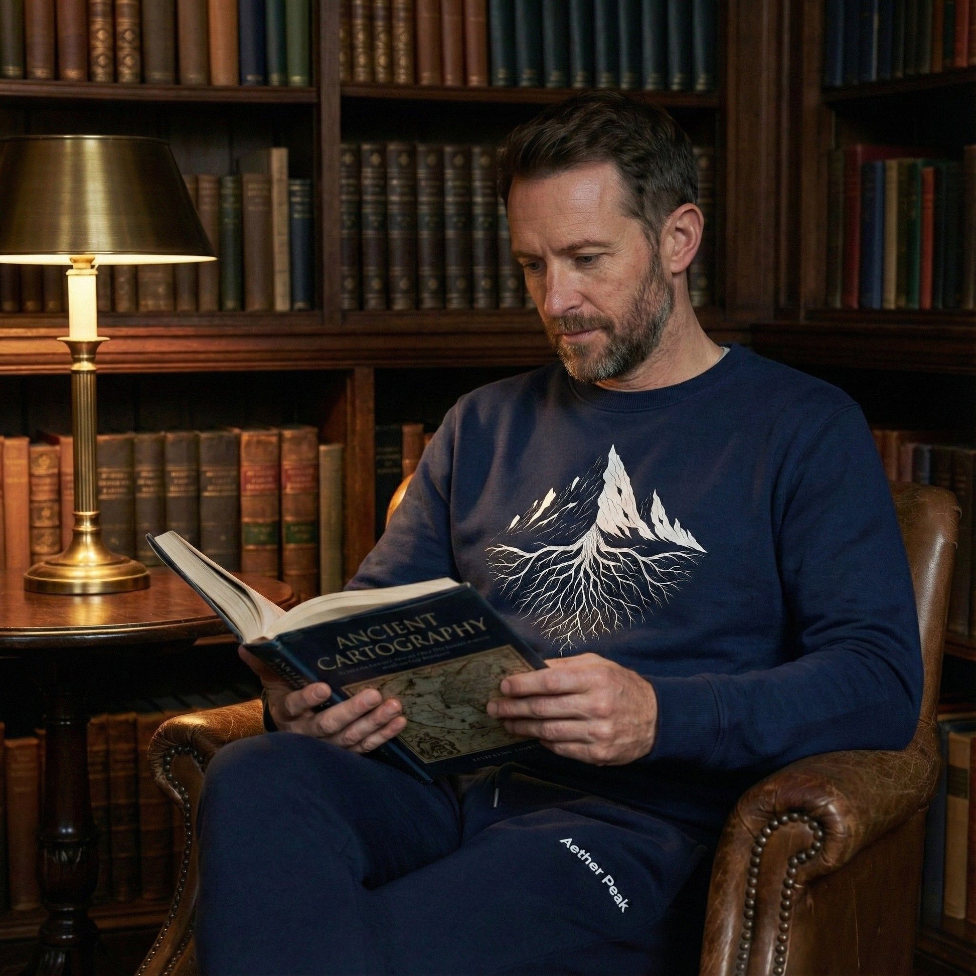 A man reading in a cosy wood-panelled library, wearing a French navy Aether Peak Roots sweatshirt and matching joggers, seated in a leather armchair with bookshelves behind him.
