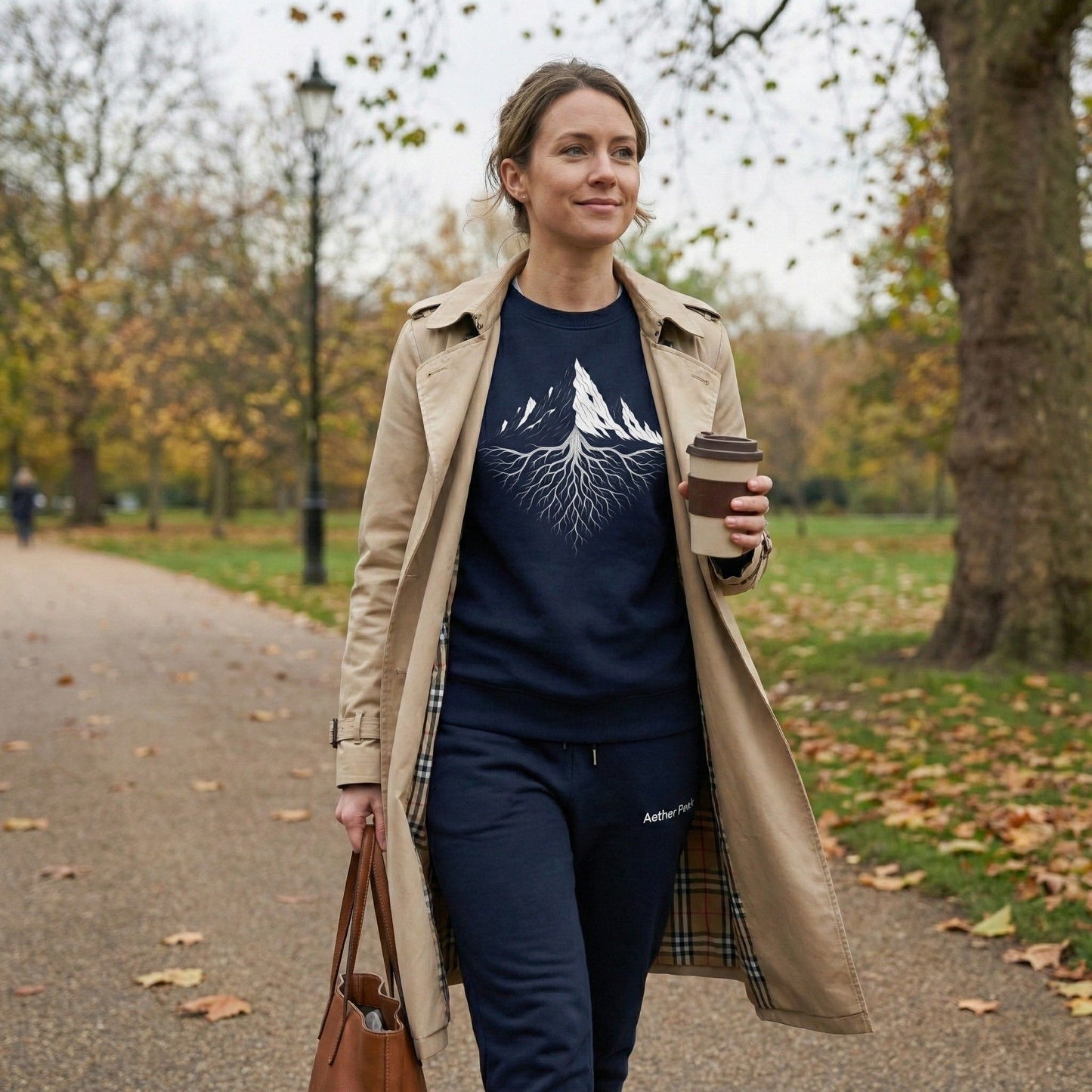 A woman walking through a tree-lined park in autumn, wearing a French navy Aether Peak Roots sweatshirt under a long coat and holding a takeaway coffee cup.
