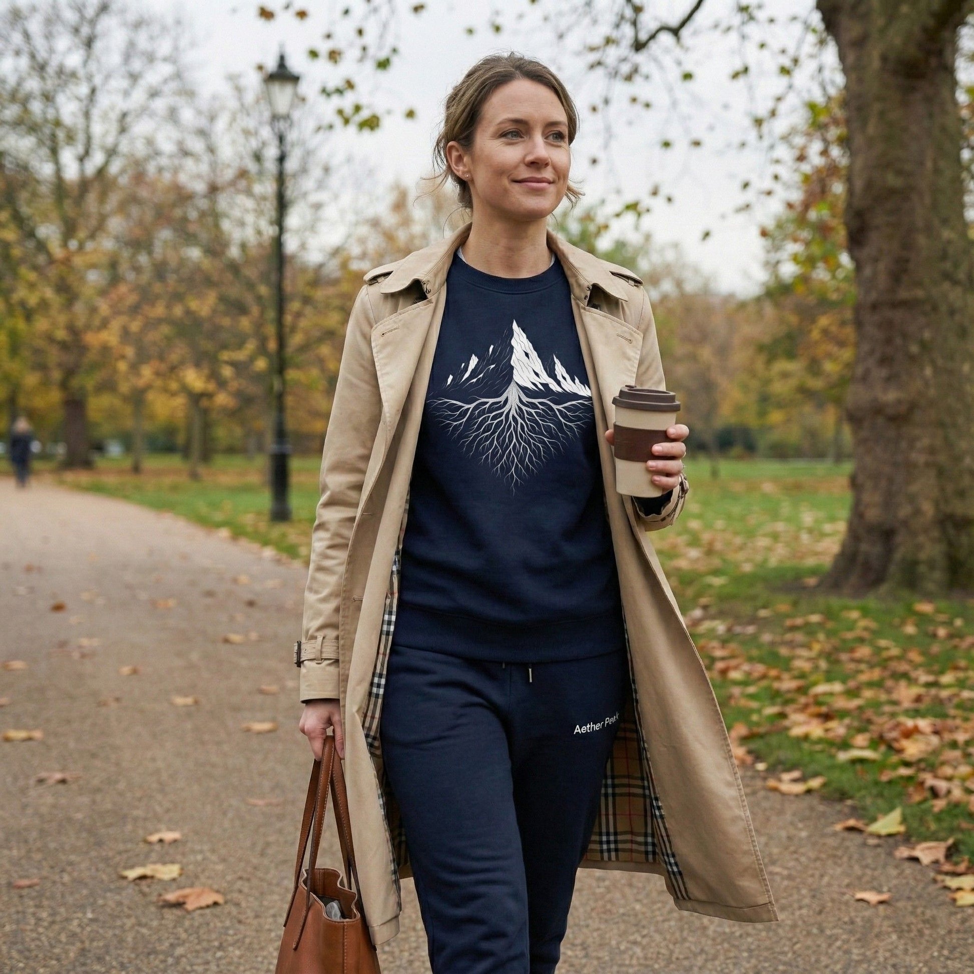 A woman walking through a tree-lined park in autumn, wearing a French navy Aether Peak Roots sweatshirt under a long coat and holding a takeaway coffee cup.
