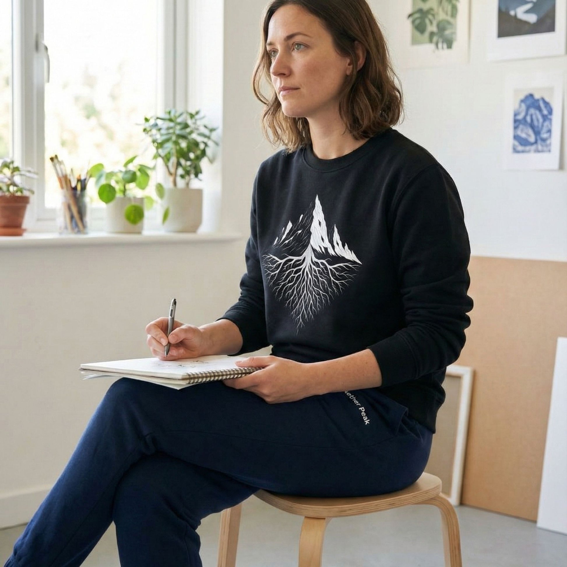 A woman sitting on a chair indoors, wearing the Aether Peak black sweatshirt with a mountain design, holding a notebook and pen.