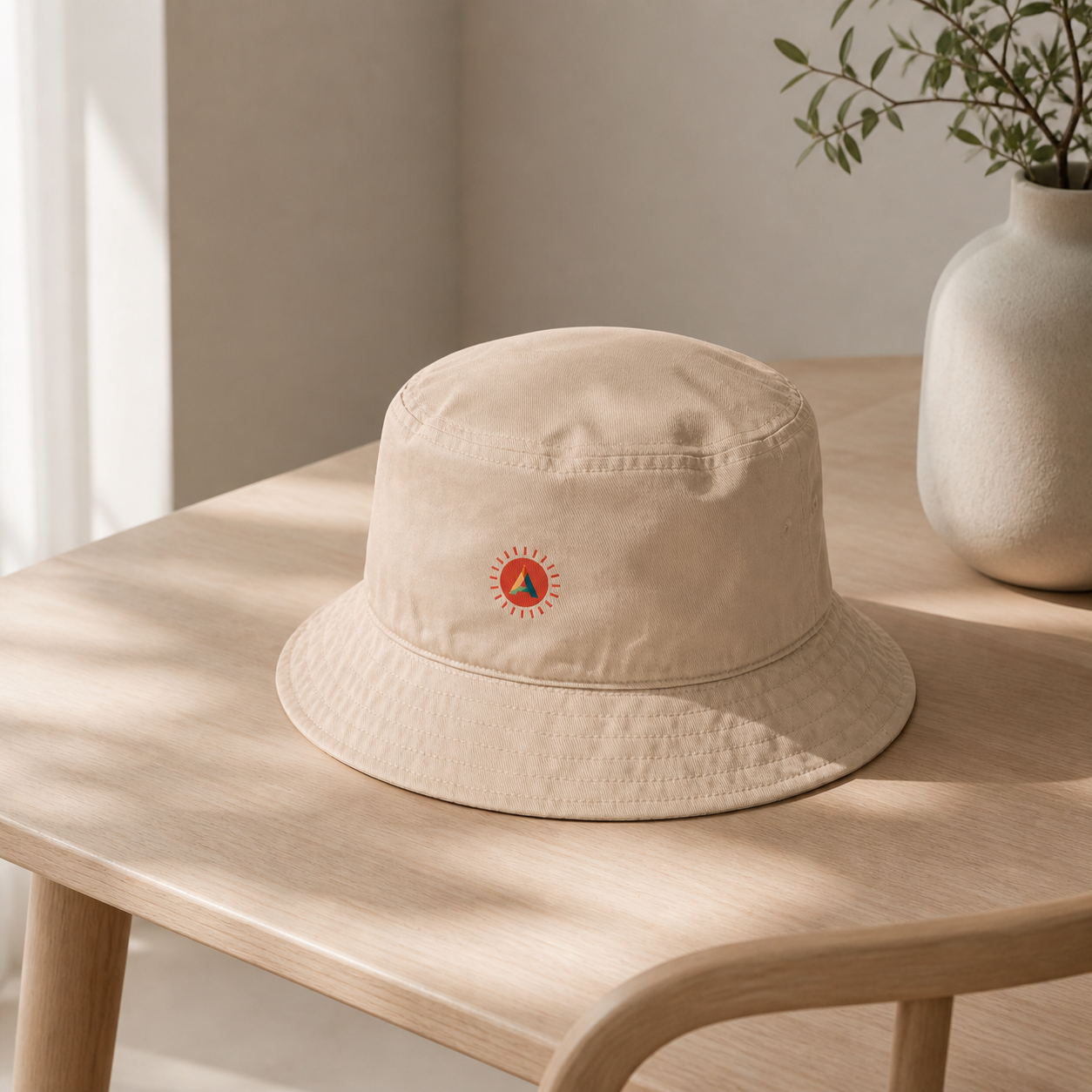 Desert Dust organic cotton bucket hat with the Sunburst logo on a wooden table with a vase and plant in the background.