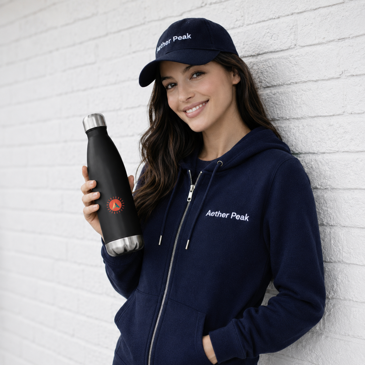 A female model in French Navy Aether Peak hoodie and cap holding the black Sunburst stainless steel water bottle against a white brick wall.
