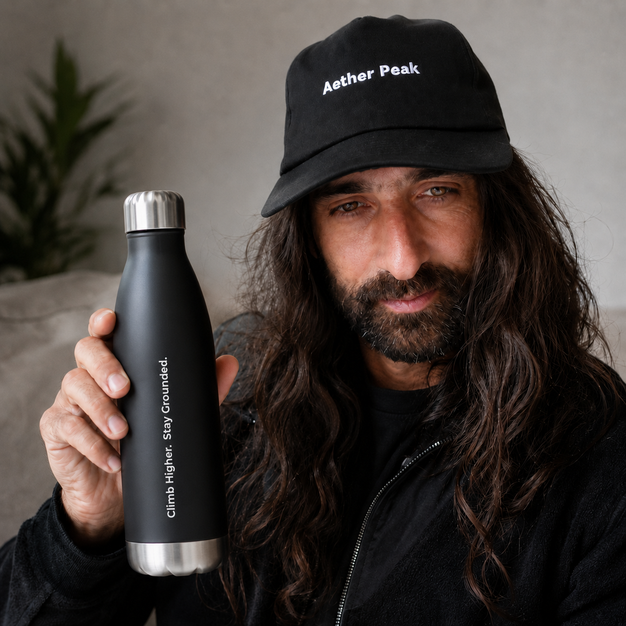 A male wearing a black Aether Peak cap holding a black stainless steel water bottle with vertical "Climb Higher. Stay Grounded." text.
