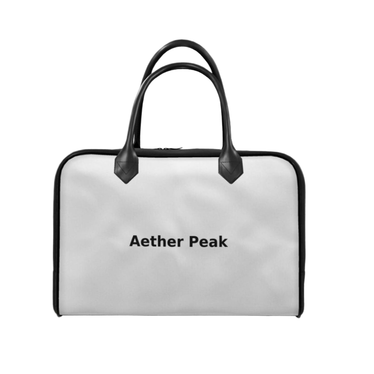 Light grey canvas bag with black leather handles and 'Aether Peak' text on a white background