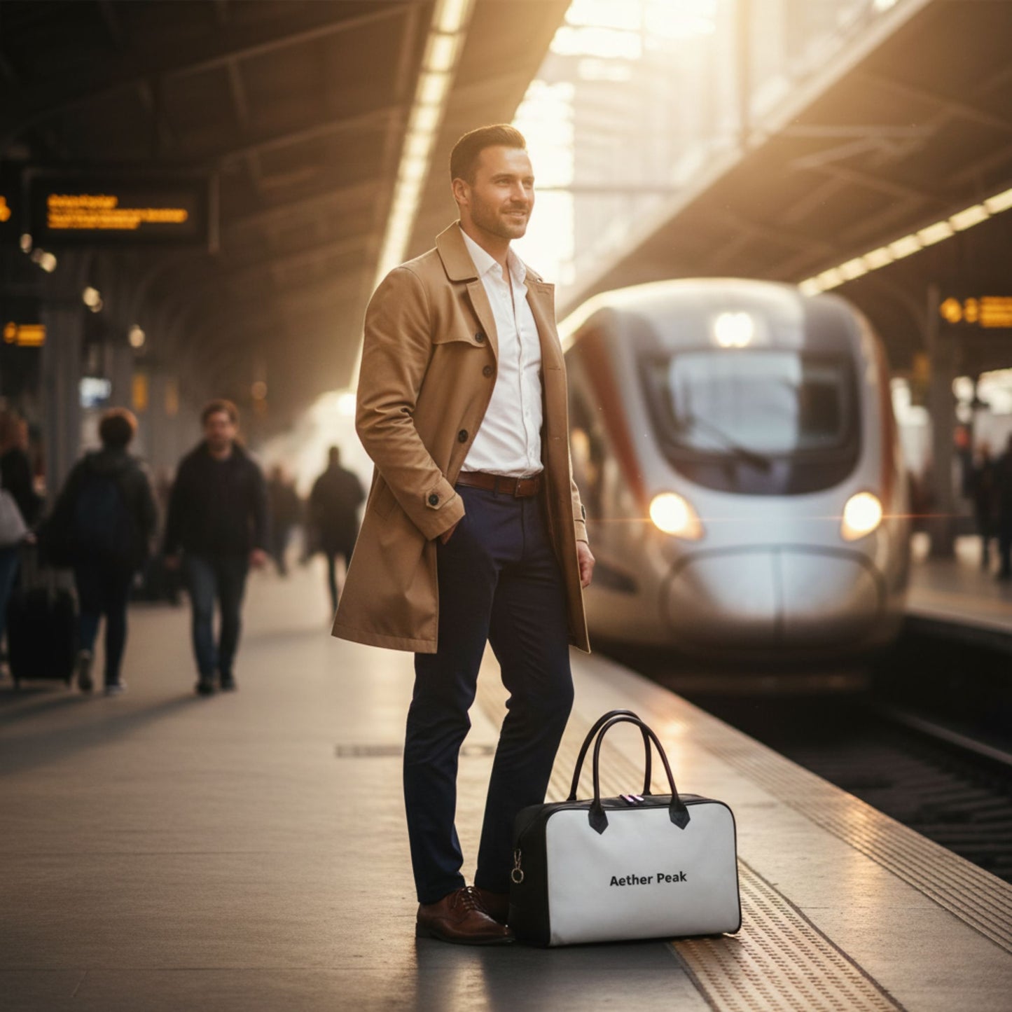 A man at a train station platform with an Aether Peak grey weekender bag, modern train in the background.