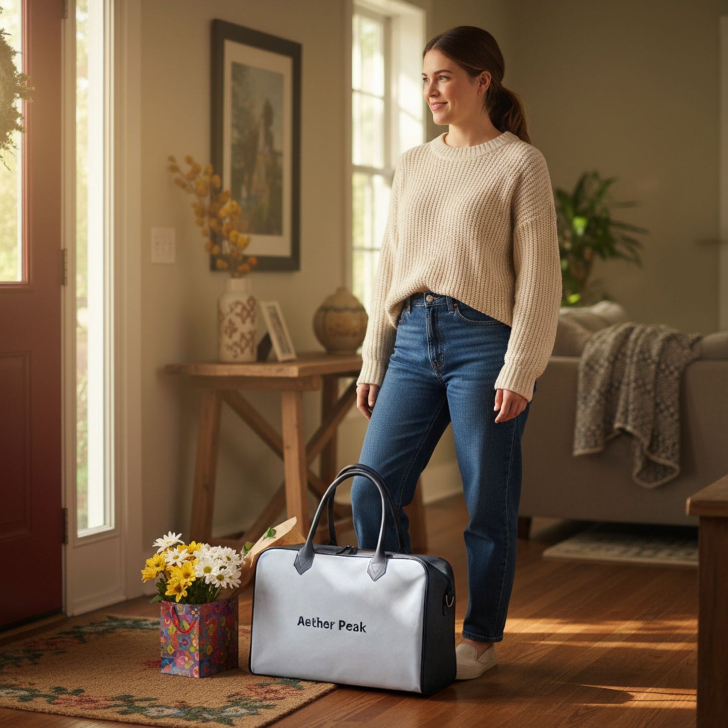 A woman in a cosy hallway standing beside a grey Aether Peak weekender bag on the floor.