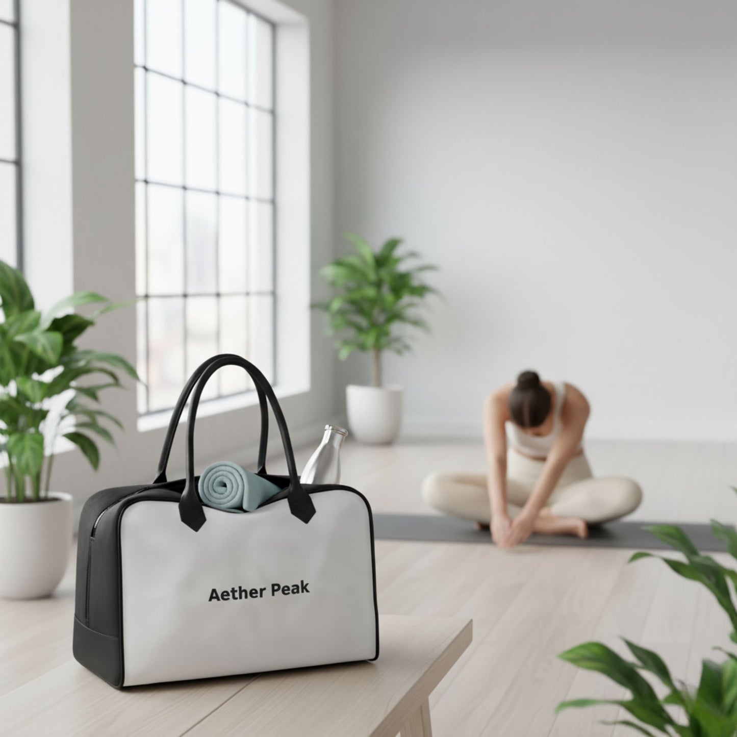 Woman stretching on a yoga mat in a bright home studio with a grey Aether Peak weekender bag in the foreground.