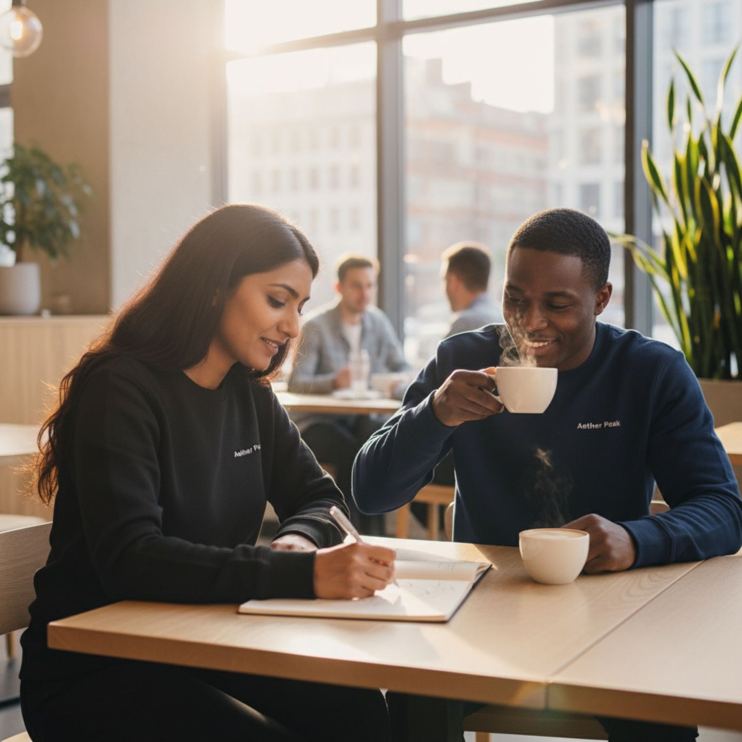 Two people sitting at a table in a modern cafe, one holding a steaming cup of coffee.